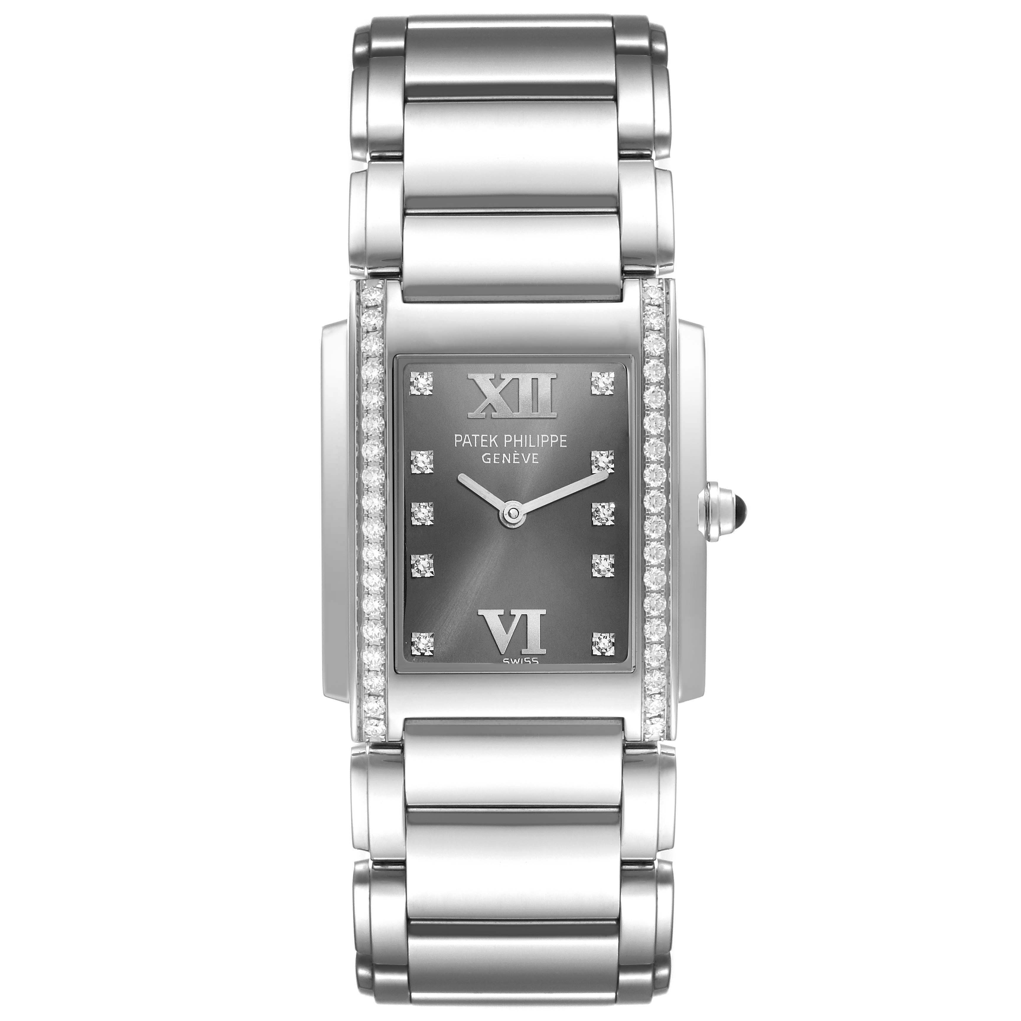 This is a top-down view of a Patek Philippe Twenty-4 4910 Women's Stainless Steel Grey Dial 4910 Women's Stainless Steel Grey Dial watch, showing the face, bracelet, and diamond accents.