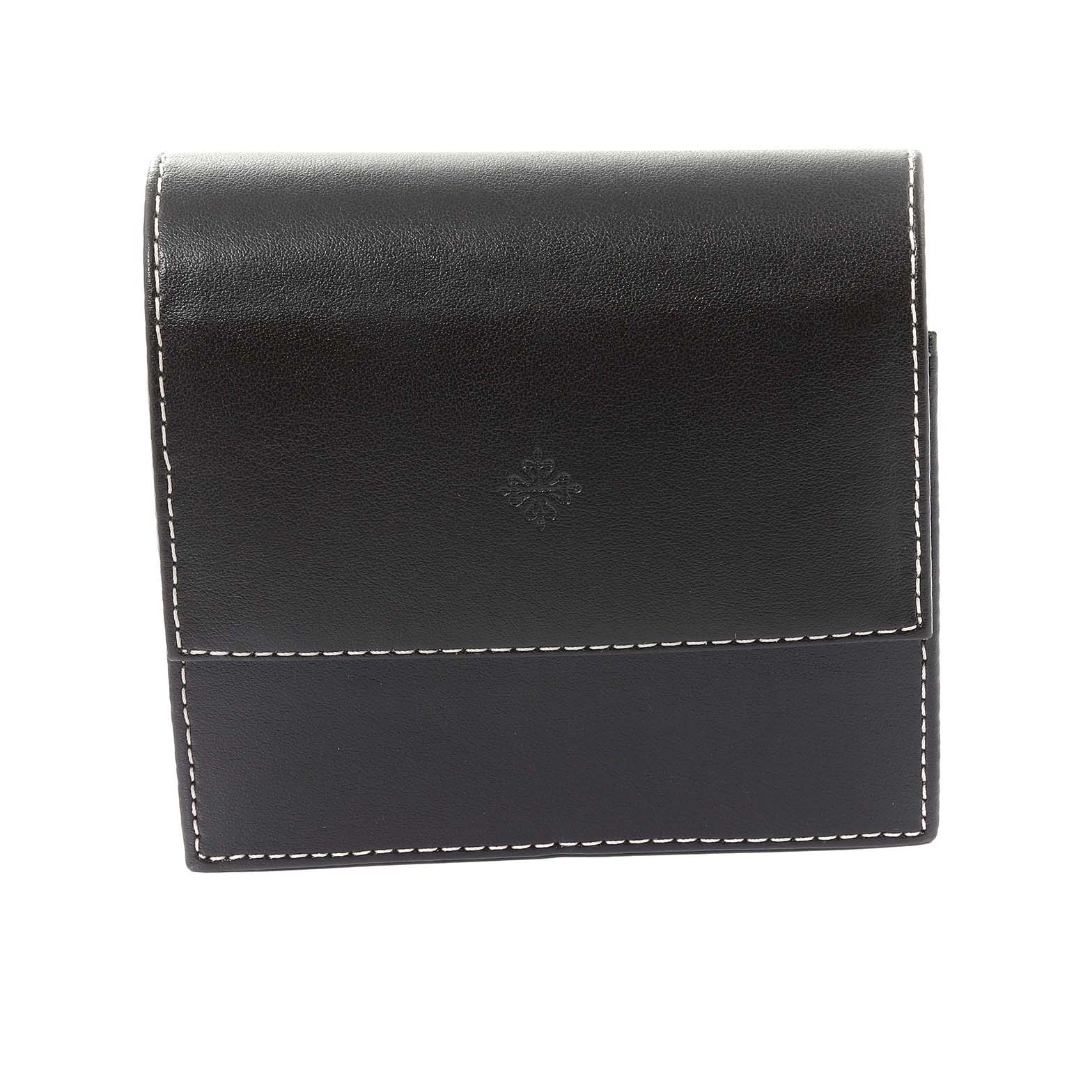 The image shows a front view of a black leather watch pouch for the Patek Philippe Twenty-4 4910 Women's Stainless Steel Grey Dial 4910 Women's Stainless Steel Grey Dial model.