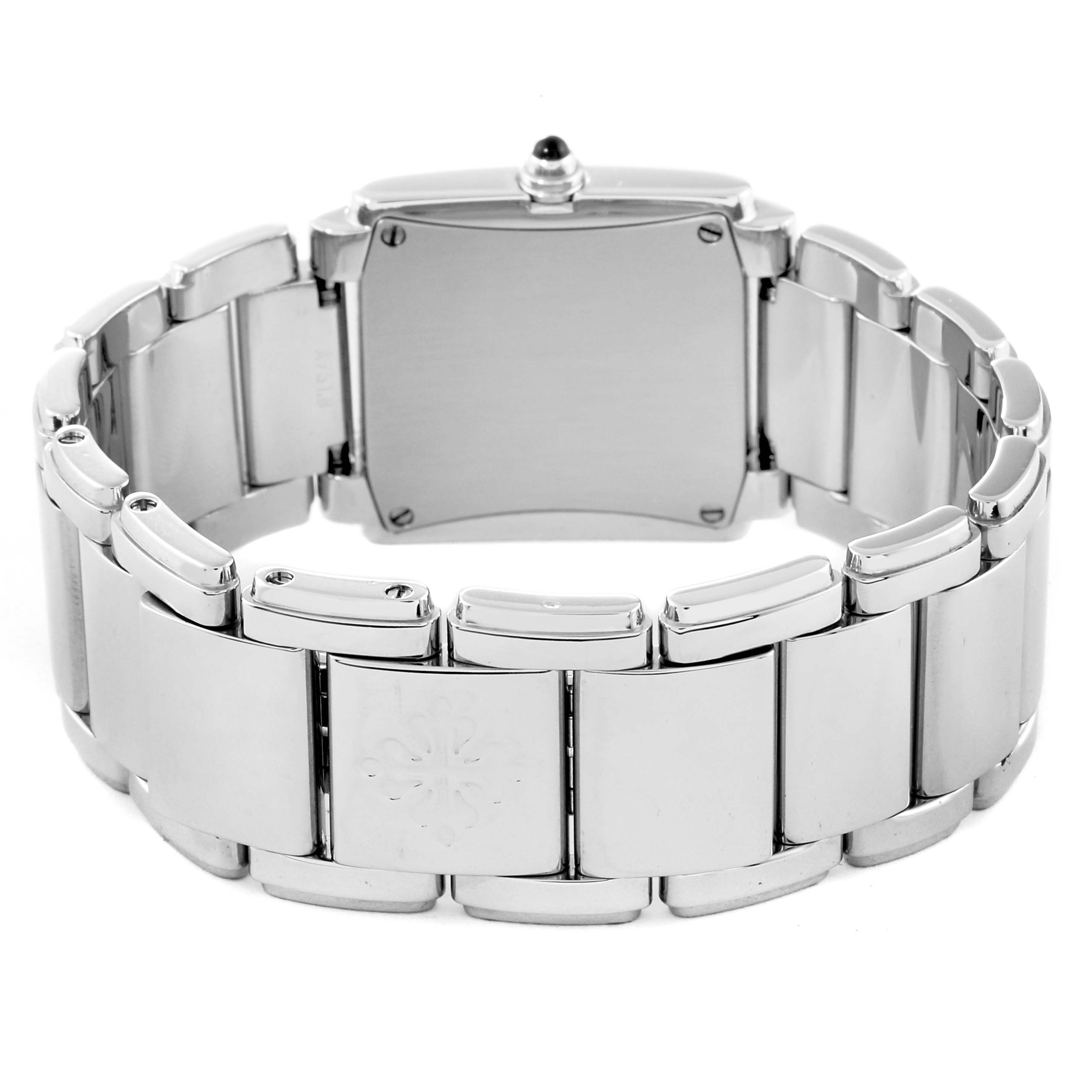 This image shows the back view of a Patek Philippe Twenty-4 4910 Women's Stainless Steel Grey Dial 4910 Women's Stainless Steel Grey Dial watch, focusing on the clasp and bracelet links.