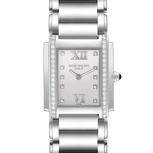 The image shows a front view of the Patek Philippe Twenty-4 watch, highlighting the face, bezel, and part of the bracelet.