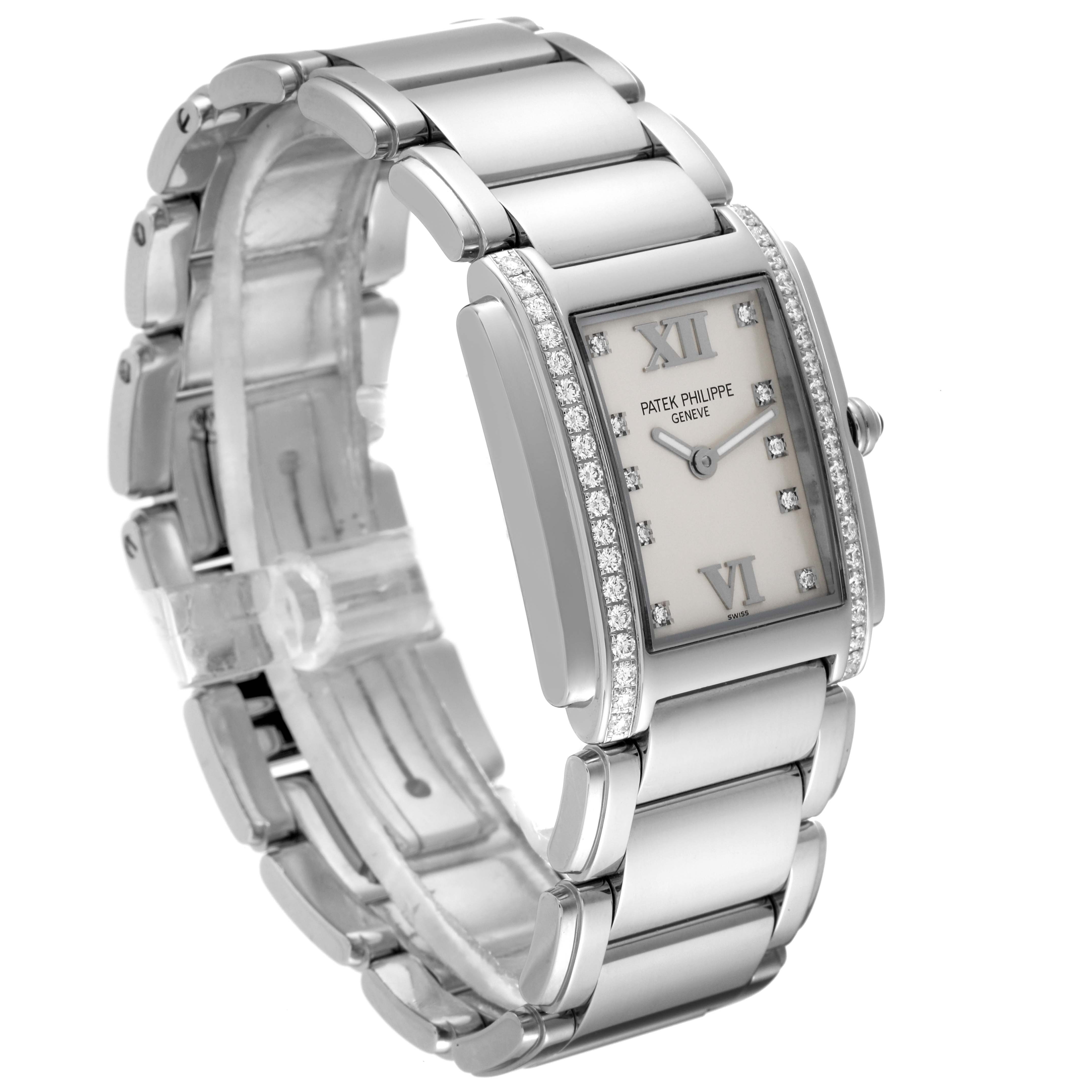 The image shows a side angle of the Twenty-4 model watch by Patek Philippe, highlighting its bracelet, case, and diamond accents on the bezel.