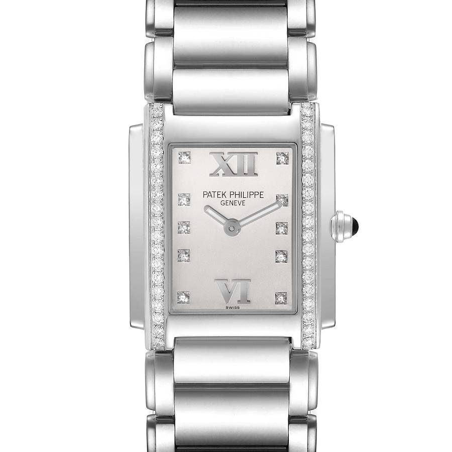 The image shows a frontal view of the Patek Philippe Twenty-4 watch, featuring its rectangular dial, diamond accents, and metal bracelet.