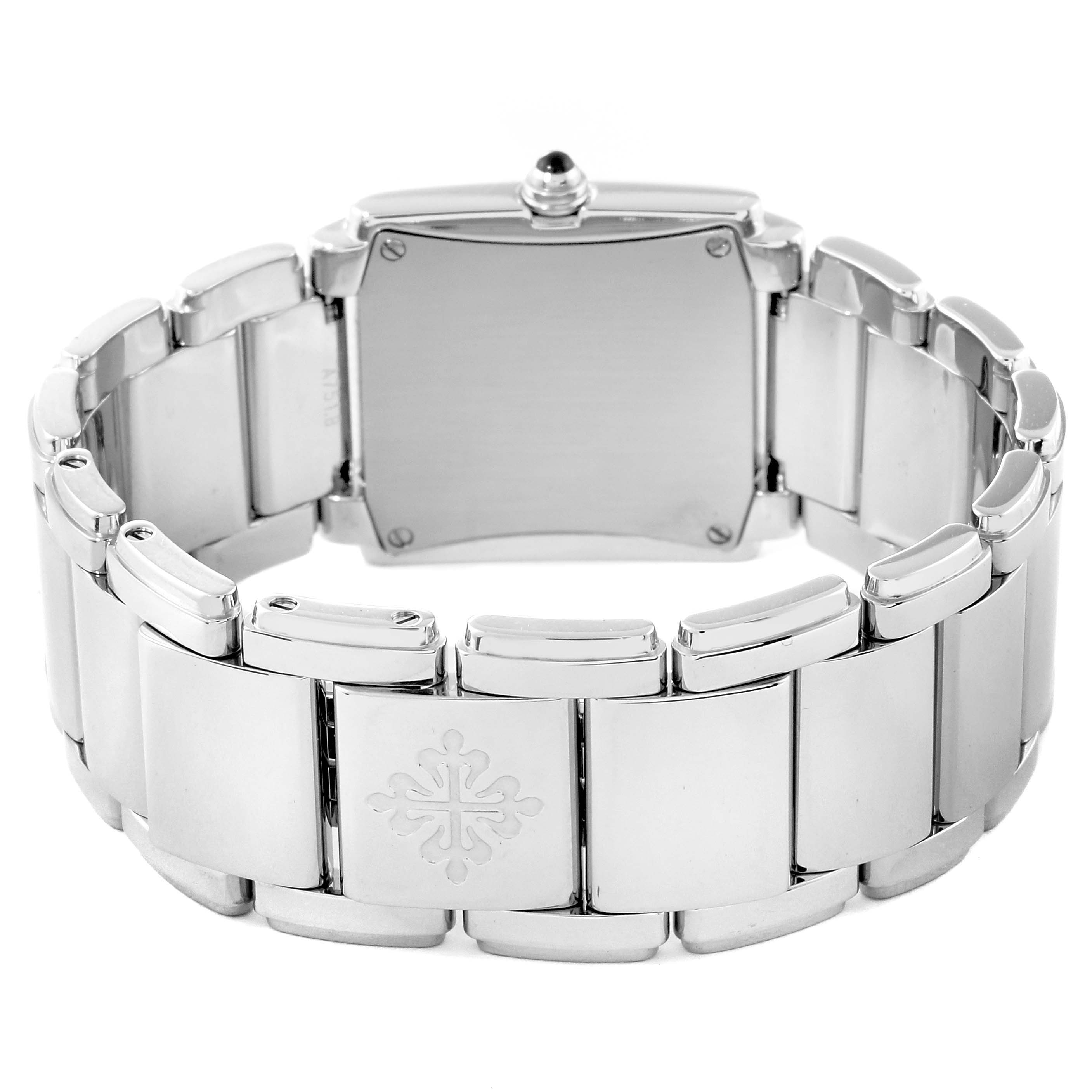 This image shows the back and bracelet of the Patek Philippe Twenty-4 4910/10A-011 Women's Stainless Steel Silver Dial 4910/10A-011 Women's Stainless Steel Silver Dial model watch.