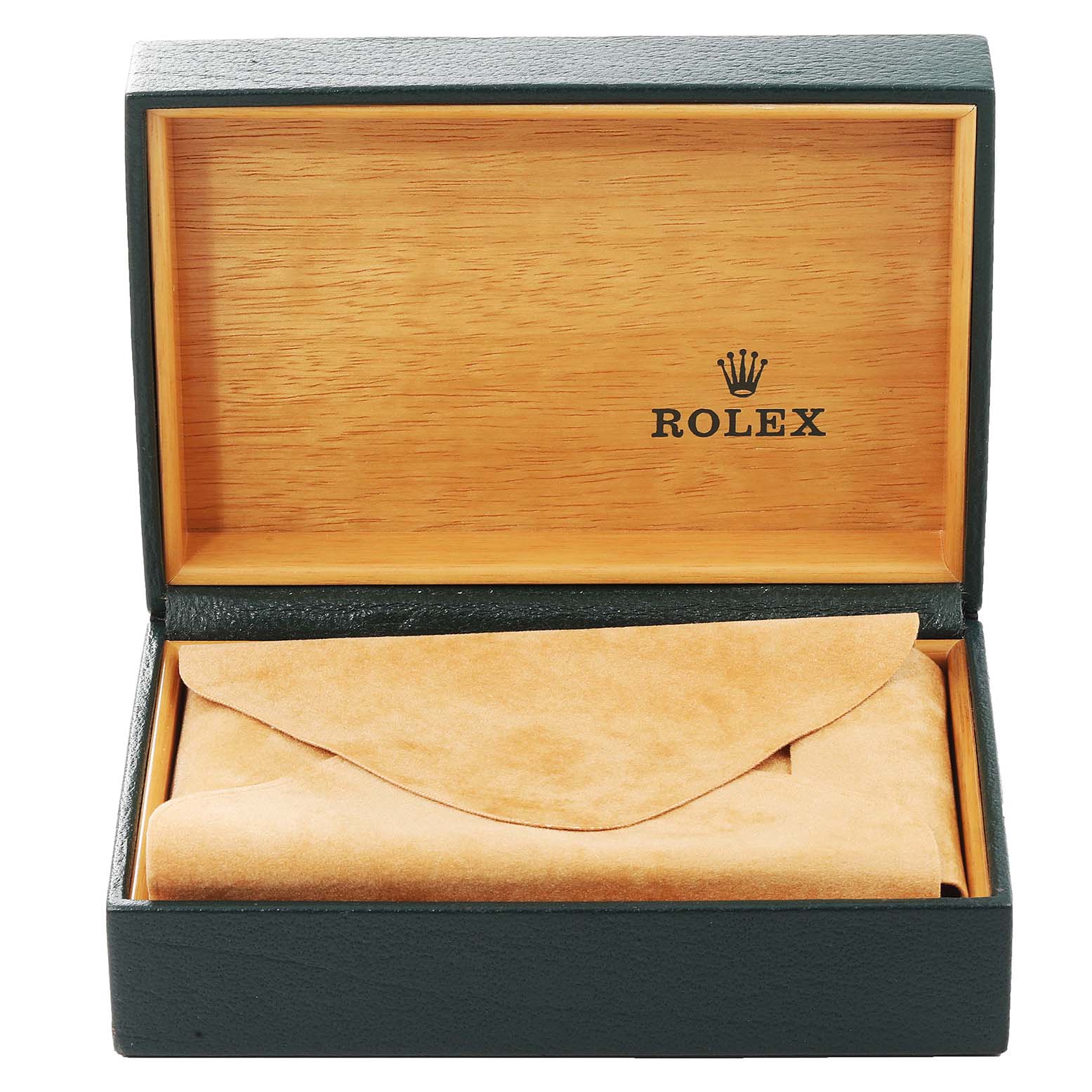 This image shows a Rolex Air-King 14000 Men's Stainless Steel Blue Dial 14000 Men's Stainless Steel Blue Dial watch box, open with a cloth pouch inside and the Rolex logo on the inner lid.