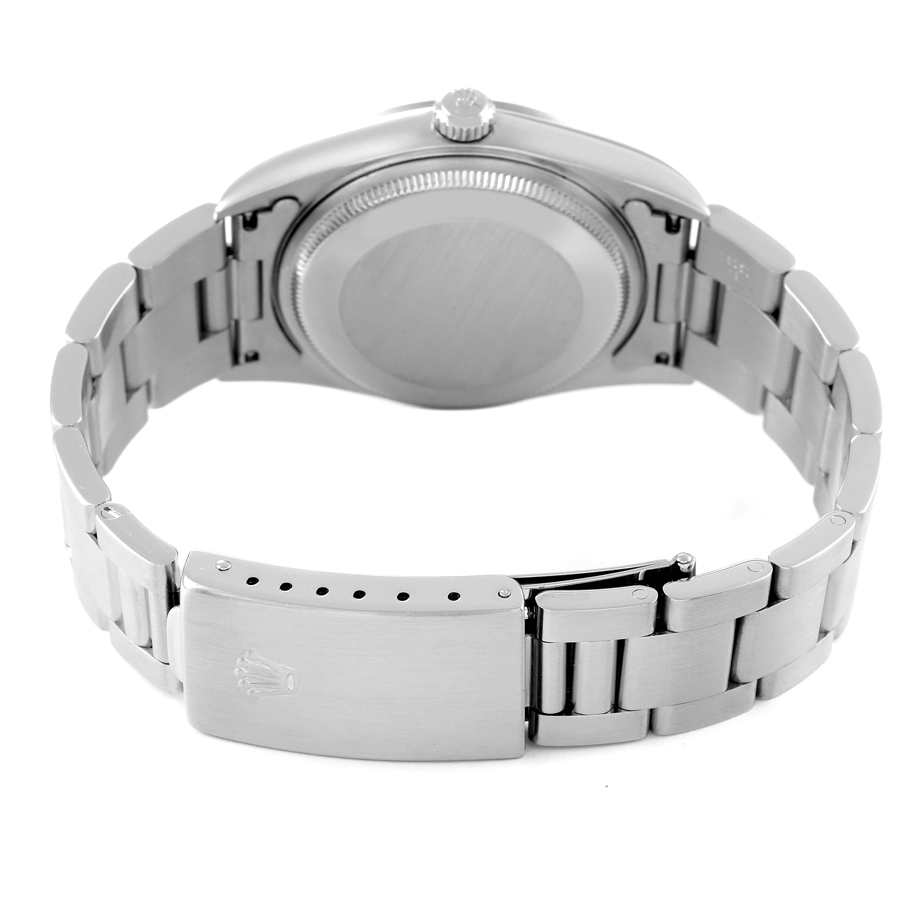 This image shows the case back and bracelet clasp of a Rolex Air-King 14000 Men's Stainless Steel Blue Dial 14000 Men's Stainless Steel Blue Dial watch from a rear angle.