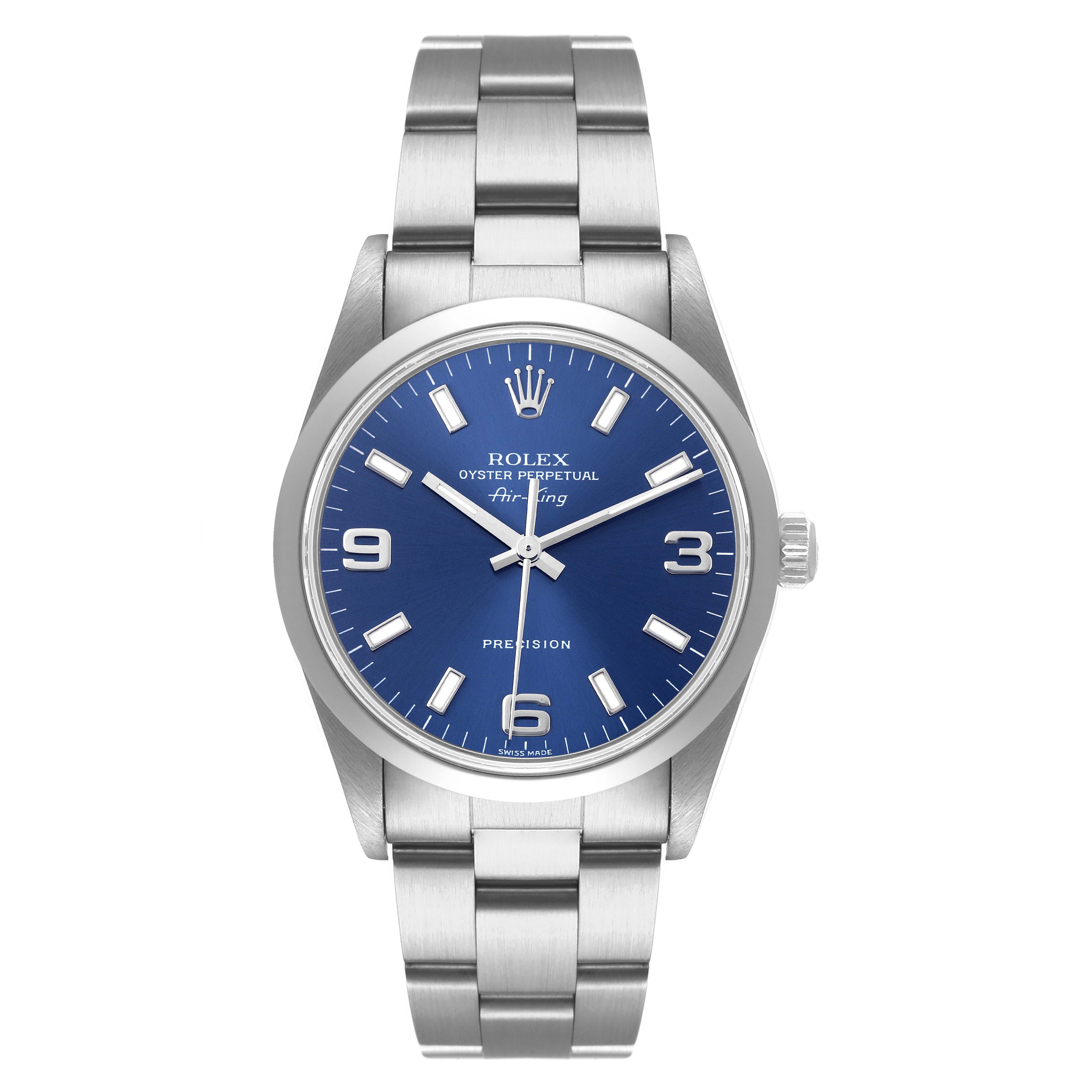 The Rolex Air-King 14000 Men's Stainless Steel Blue Dial 14000 Men's Stainless Steel Blue Dial watch is shown from a straight-on angle, displaying the full face, dial, and bracelet.