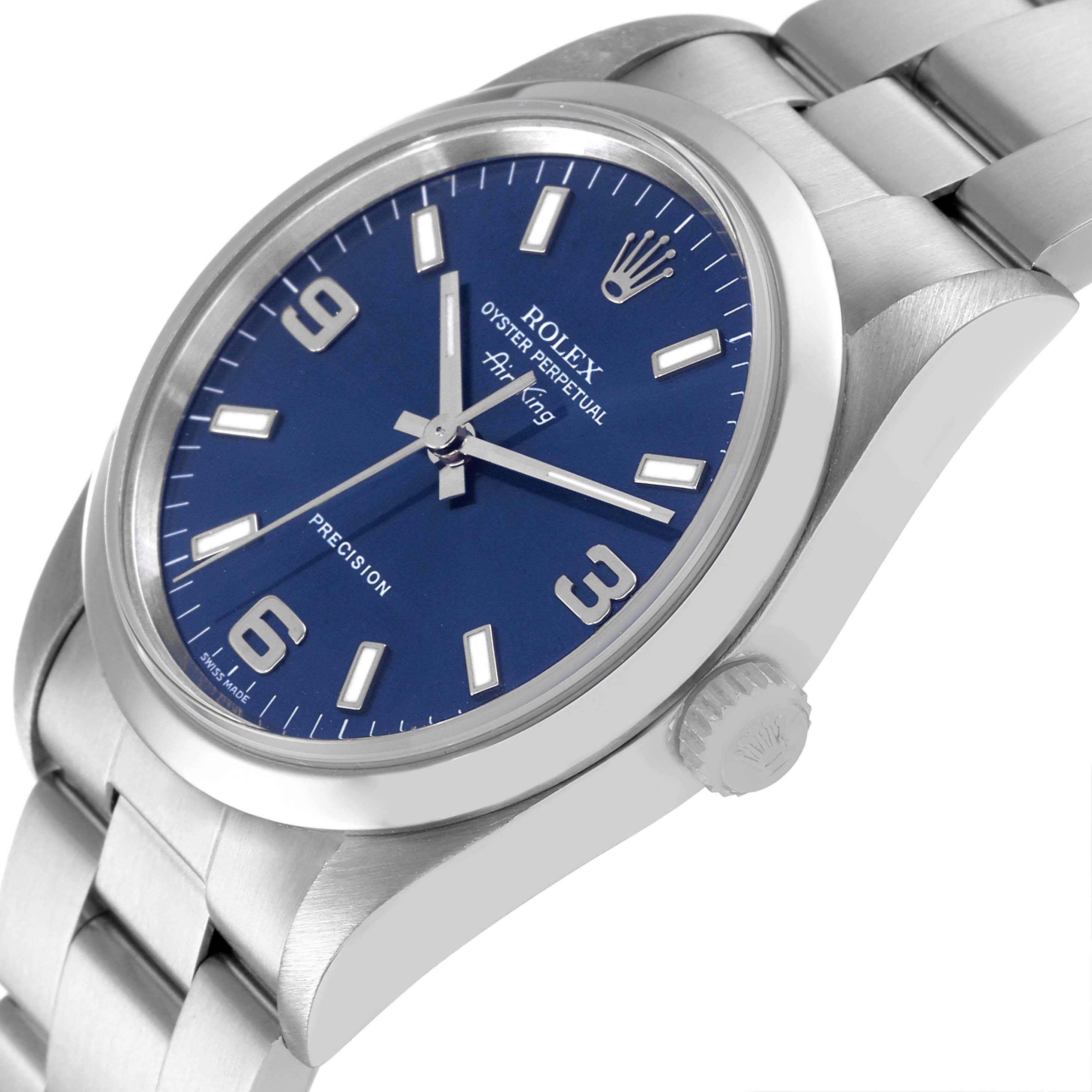The image shows a Rolex Air-King 14000 Men's Stainless Steel Blue Dial 14000 Men's Stainless Steel Blue Dial watch angled from the top right, displaying the face, crown, and part of the bracelet.