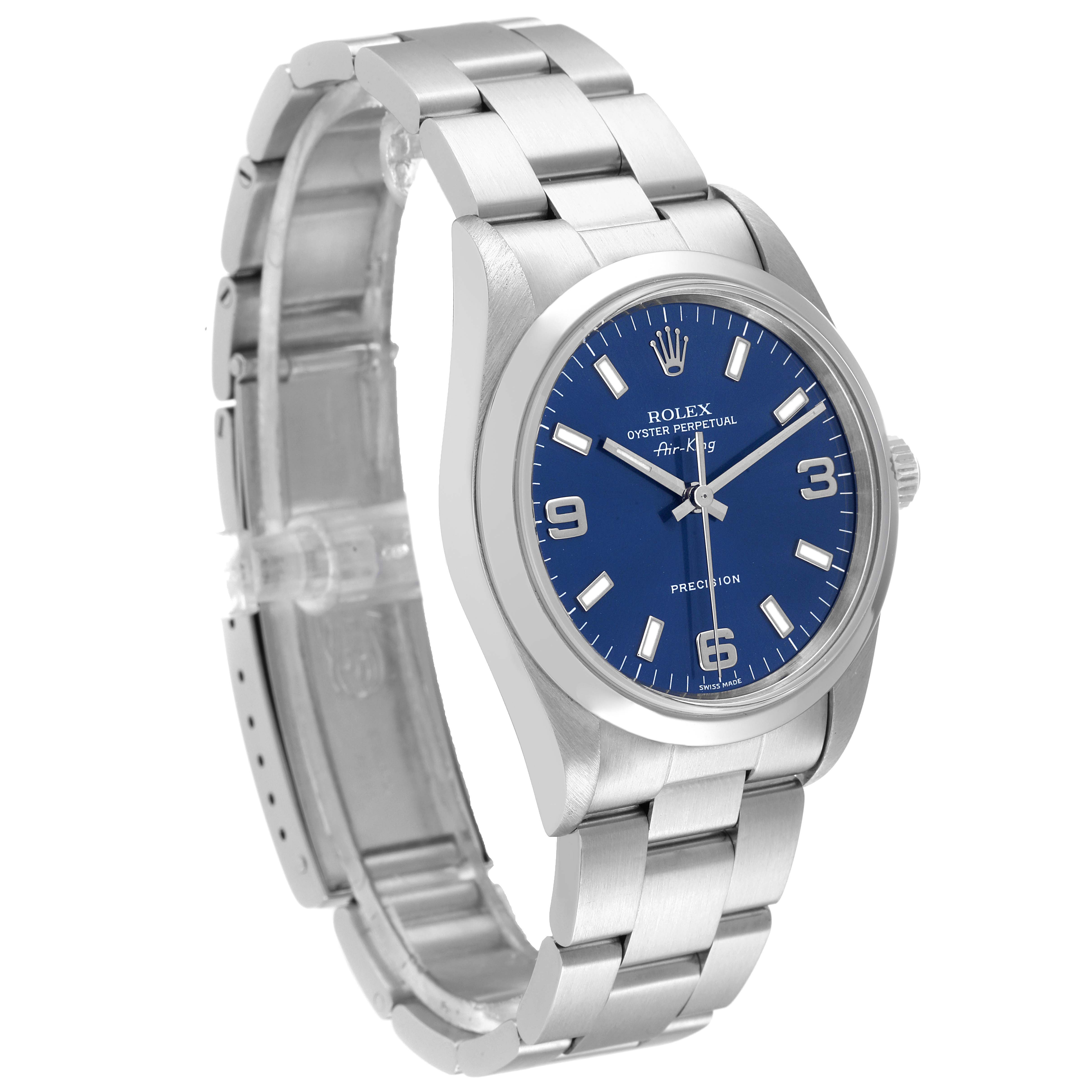 The image shows a Rolex Air-King 14000 Men's Stainless Steel Blue Dial 14000 Men's Stainless Steel Blue Dial watch at a three-quarter angle, highlighting its blue dial, bezel, and bracelet.