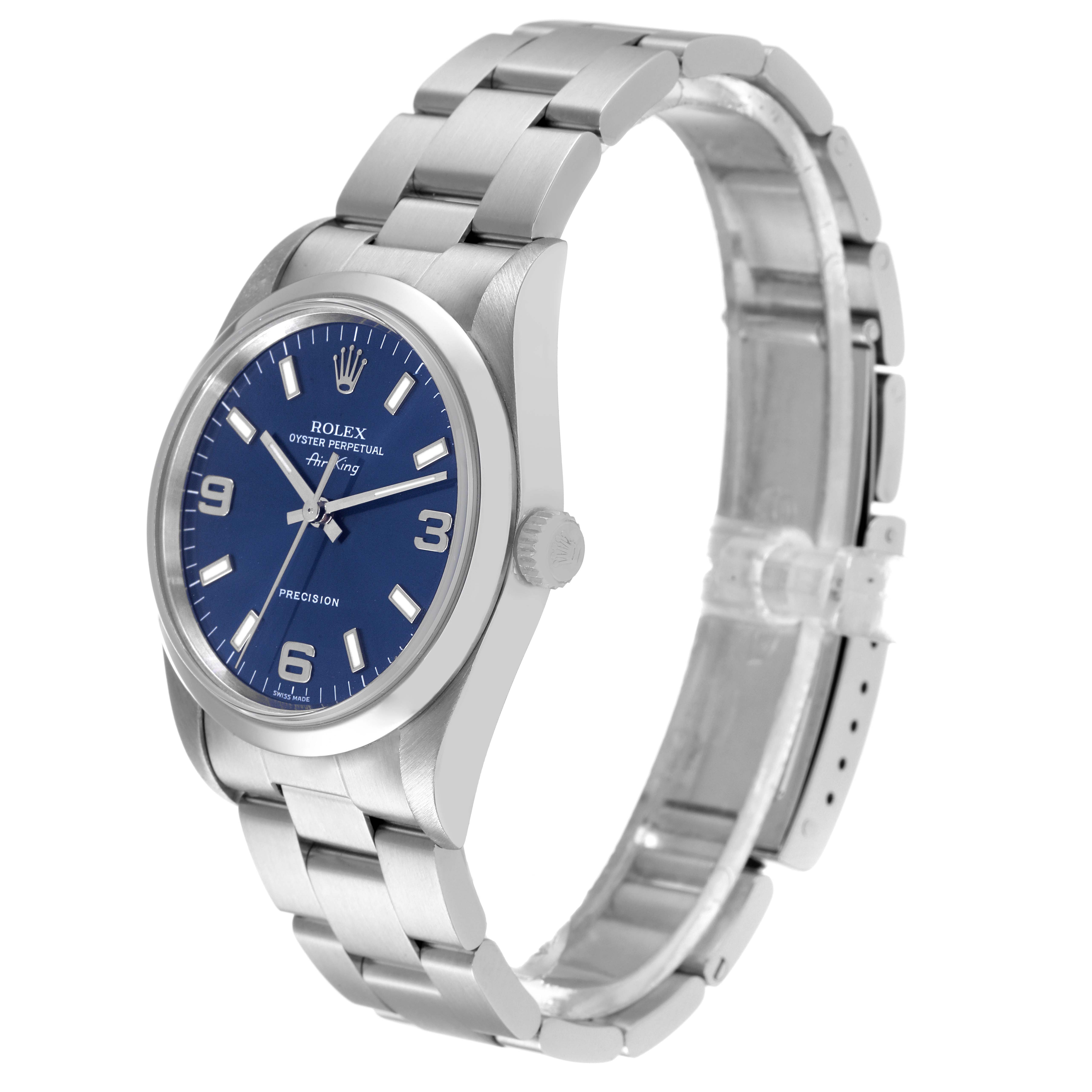 The image shows a side angle of a Rolex Air-King 14000 Men's Stainless Steel Blue Dial 14000 Men's Stainless Steel Blue Dial watch, highlighting the blue dial, markers, bezel, and metal bracelet.