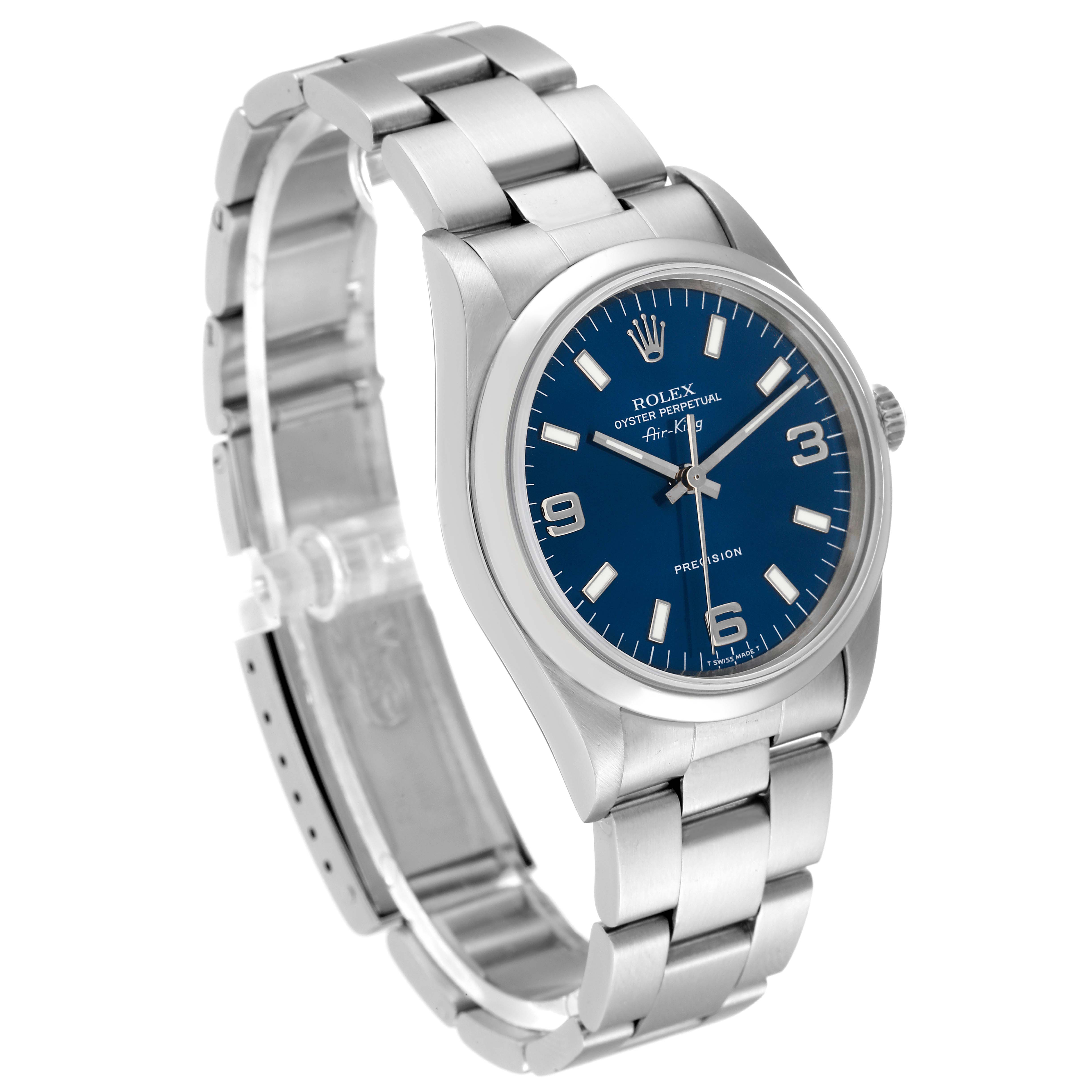 The image shows a Rolex Air-King 14000 Men's Stainless Steel Blue Dial 14000 Men's Stainless Steel Blue Dial watch angled slightly to the left, highlighting the bracelet, dial, and crown.
