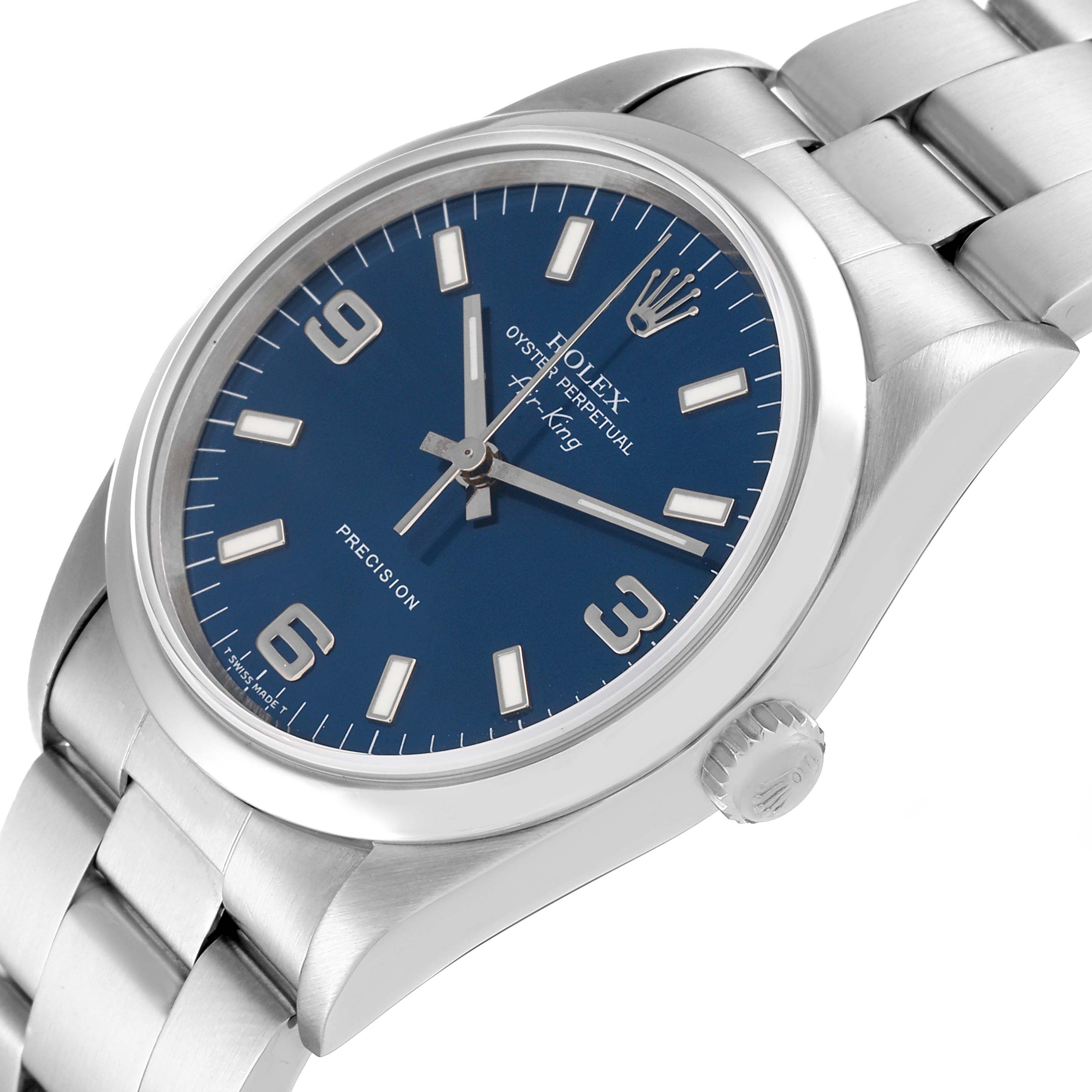 The Rolex Air-King 14000 Men's Stainless Steel Blue Dial 14000 Men's Stainless Steel Blue Dial watch is shown at an oblique angle, displaying the dial, bezel, crown, and part of the bracelet.