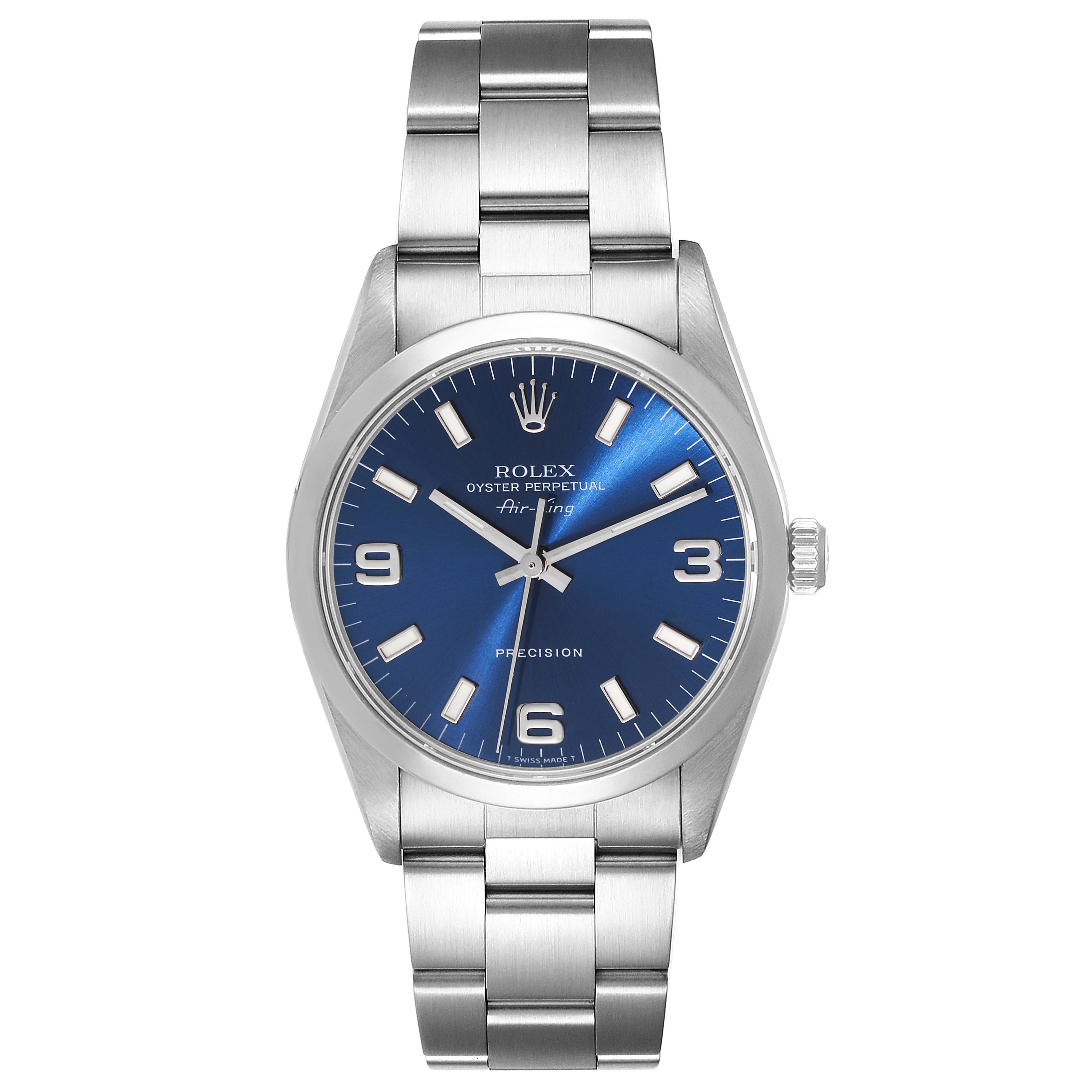 The image shows a front view of a Rolex Air-King 14000 Men's Stainless Steel Blue Dial 14000 Men's Stainless Steel Blue Dial watch with a blue dial and silver bracelet.