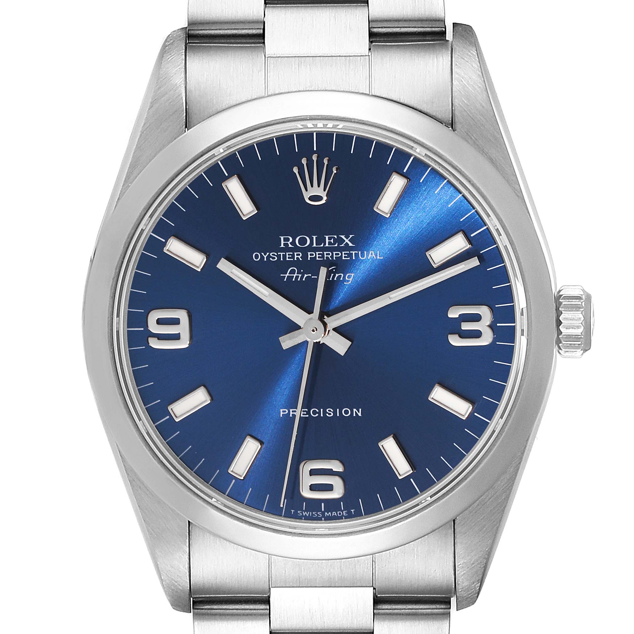 The image shows a front view of a Rolex Air-King 14000 Men's Stainless Steel Blue Dial 14000 Men's Stainless Steel Blue Dial watch, highlighting its blue dial and stainless steel band.
