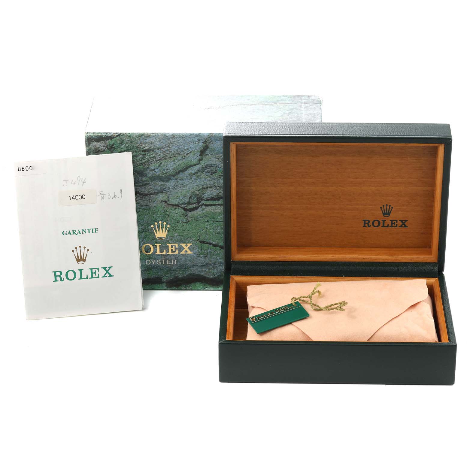 The image shows the Rolex Air-King 14000 Men's Stainless Steel Blue Dial 14000 Men's Stainless Steel Blue Dial watch box, warranty card, and the inner box with a tag.