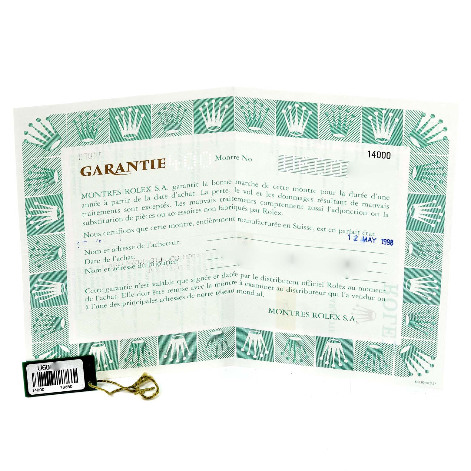 The image shows the warranty card and a tag from a Rolex Air-King 14000 Men's Stainless Steel Blue Dial 14000 Men's Stainless Steel Blue Dial watch.