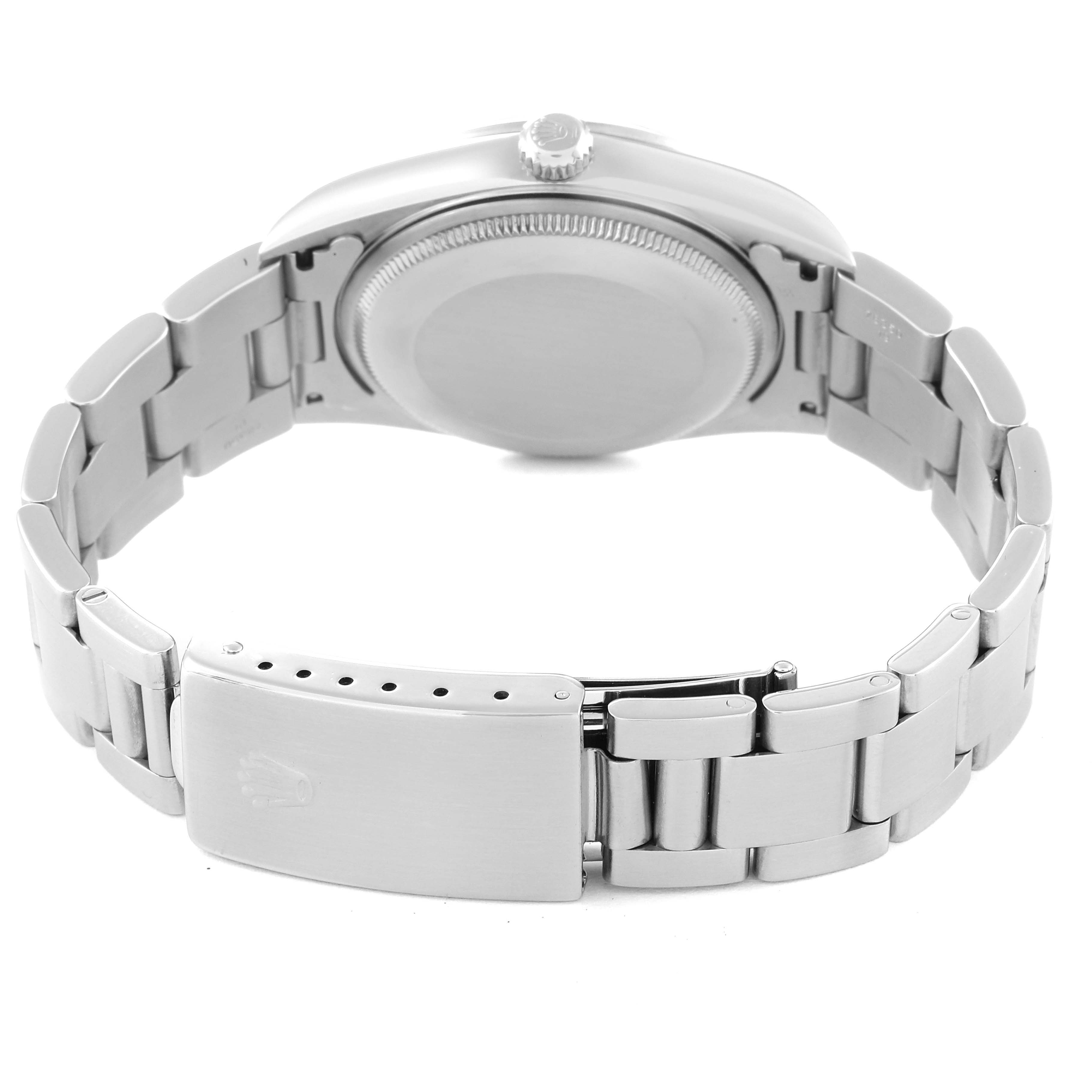 The image shows the backside and clasp of a Rolex Air-King 14000 Men's Stainless Steel Blue Dial 14000 Men's Stainless Steel Blue Dial watch, highlighting the bracelet and case back.