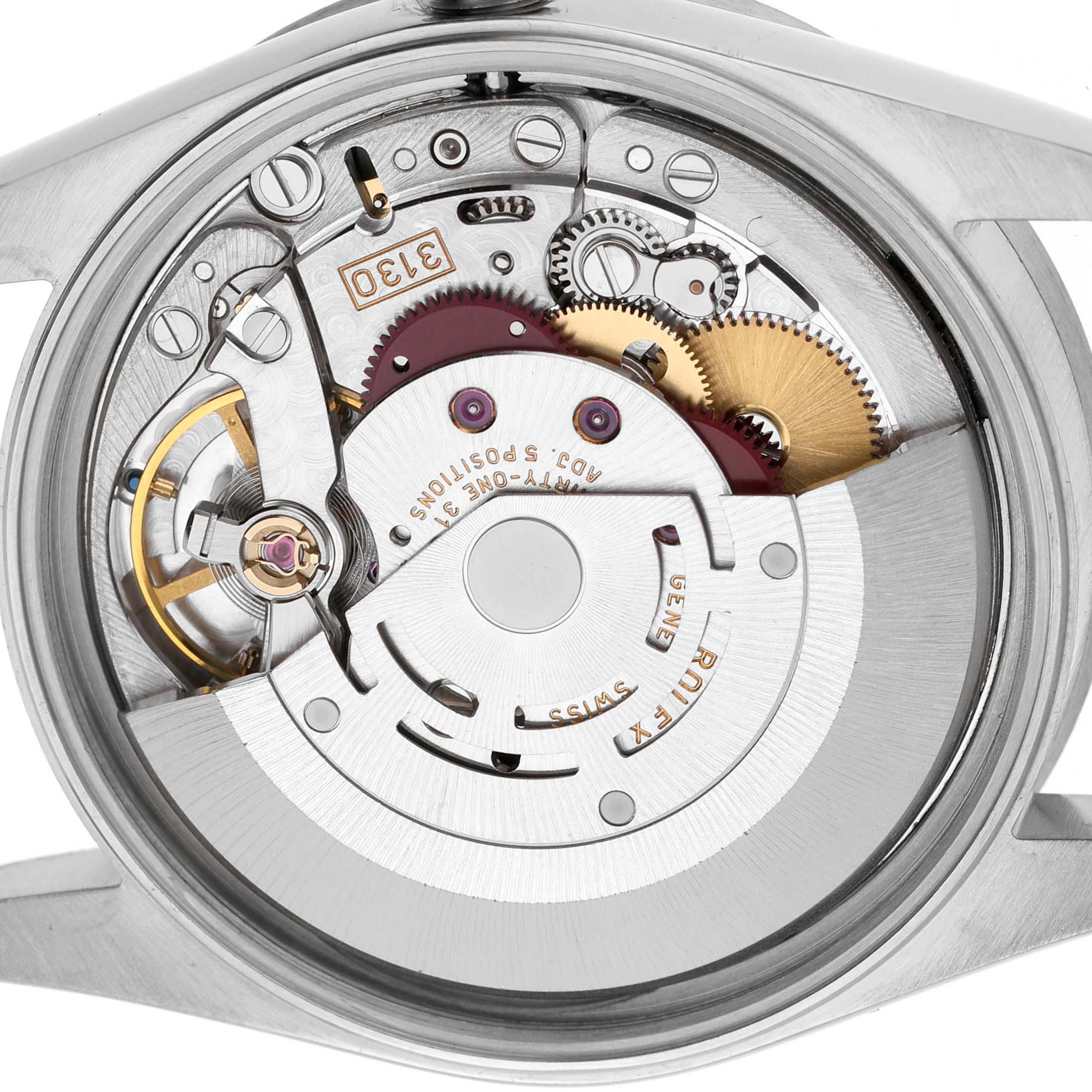 The image shows a detailed view of the movement inside a Rolex Air-King 14010 Men's Stainless Steel Black Dial watch, highlighting its gears and components.
