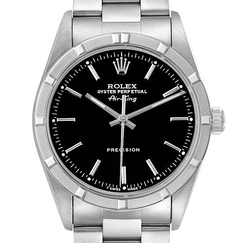 The image shows a frontal view of the Rolex Air-King 14010 Men's Stainless Steel Black Dial watch, highlighting its black dial, silver indices, and stainless steel bracelet.