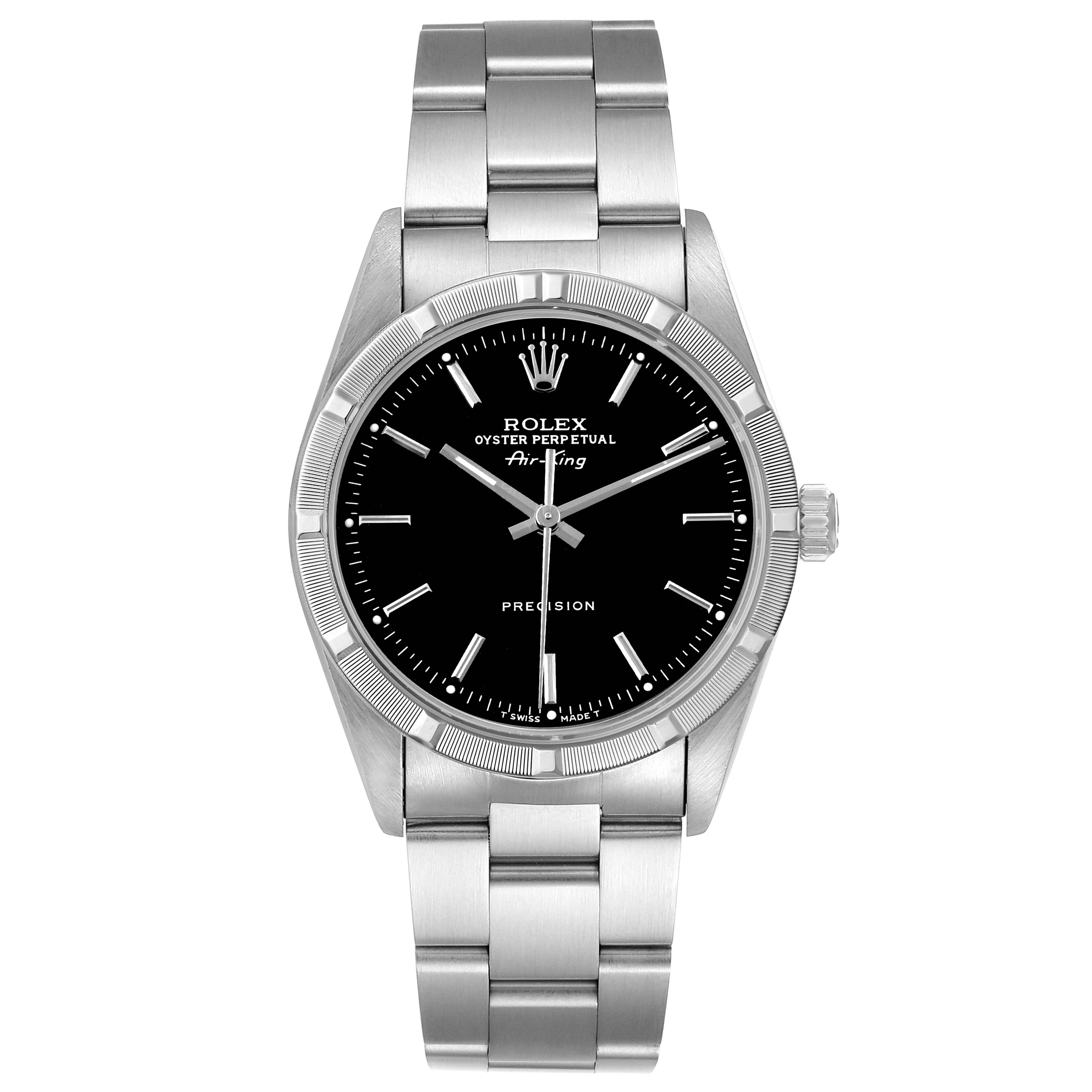 The Rolex Air-King 14010 Men's Stainless Steel Black Dial watch is shown from the front, displaying its face, bezel, case, and bracelet.