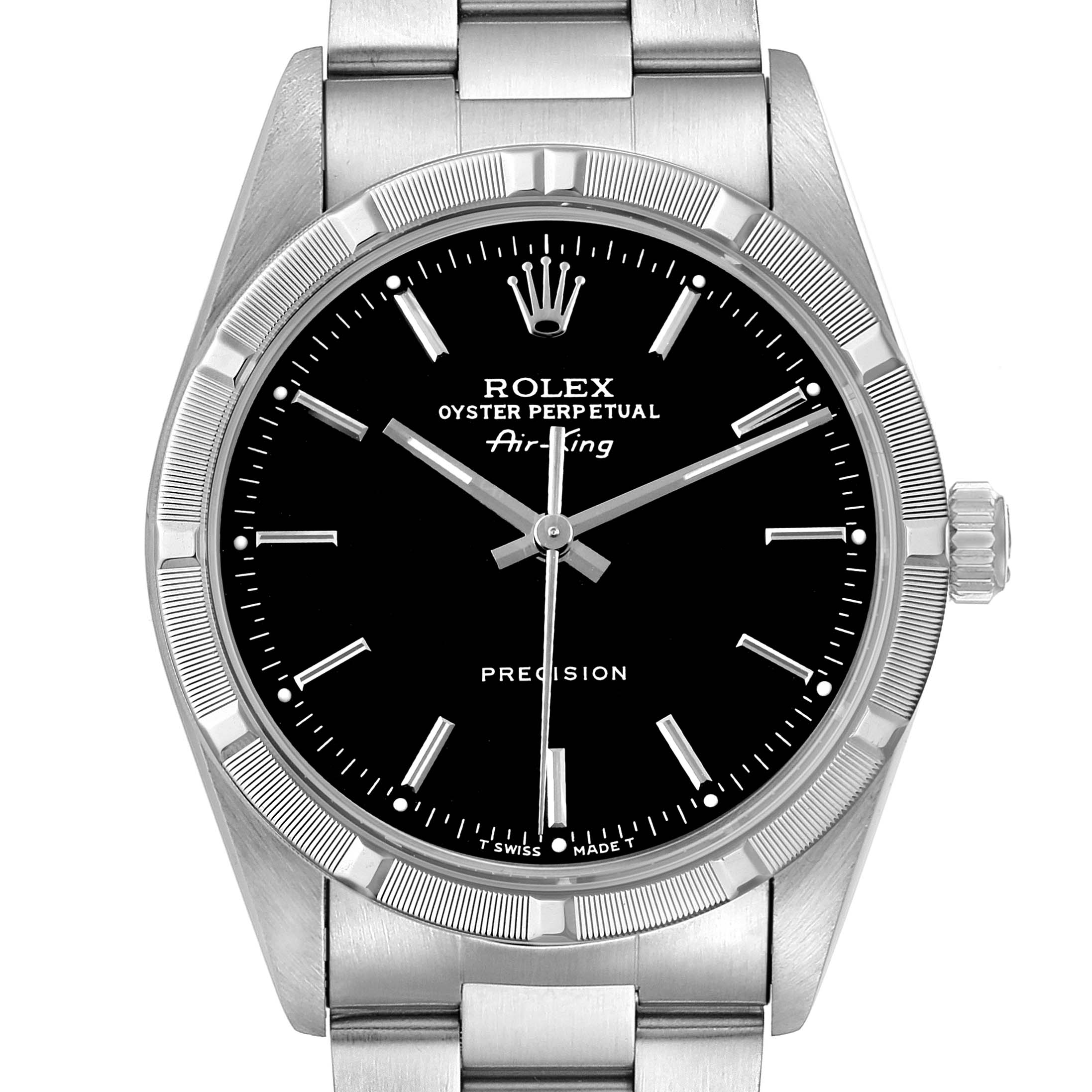 The image shows a frontal view of a Rolex Air-King 14010 Men's Stainless Steel Black Dial watch, displaying the dial, crown, bezel, and bracelet.