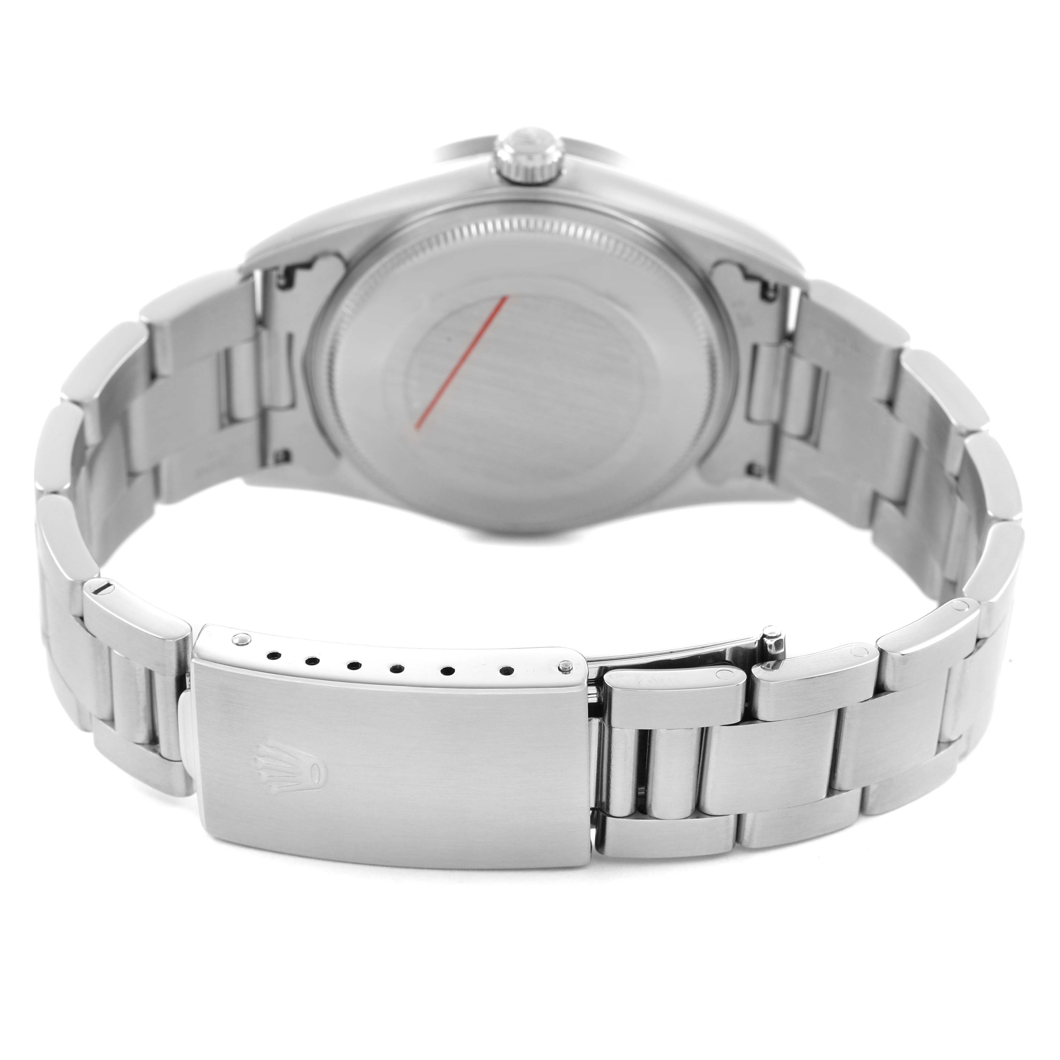The image shows the back view of a Rolex Air-King 14010 Men's Stainless Steel Black Dial watch, highlighting the bracelet and clasp.