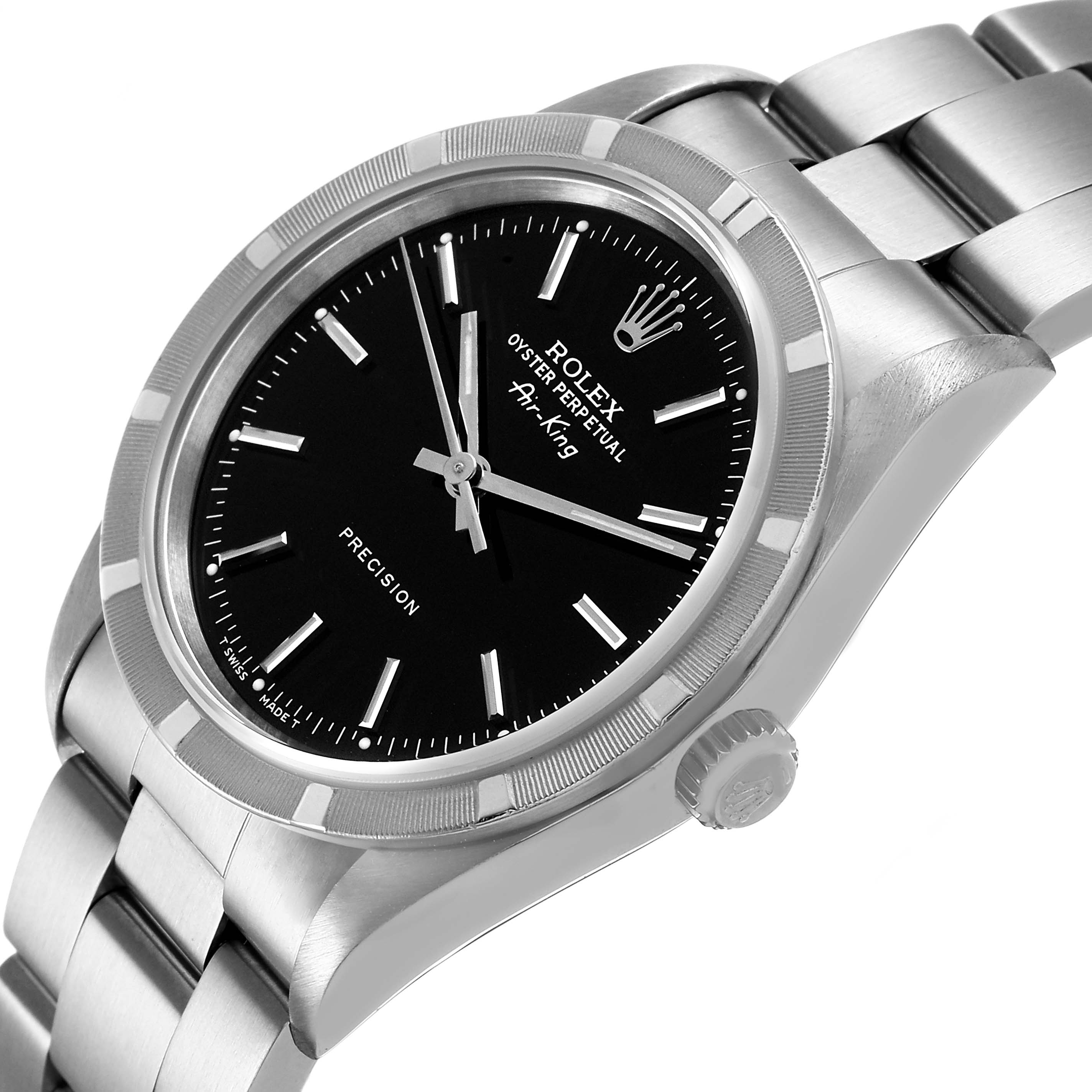 The Rolex Air-King 14010 Men's Stainless Steel Black Dial watch is shown at a slight angle, highlighting the face, bezel, crown, and bracelet.