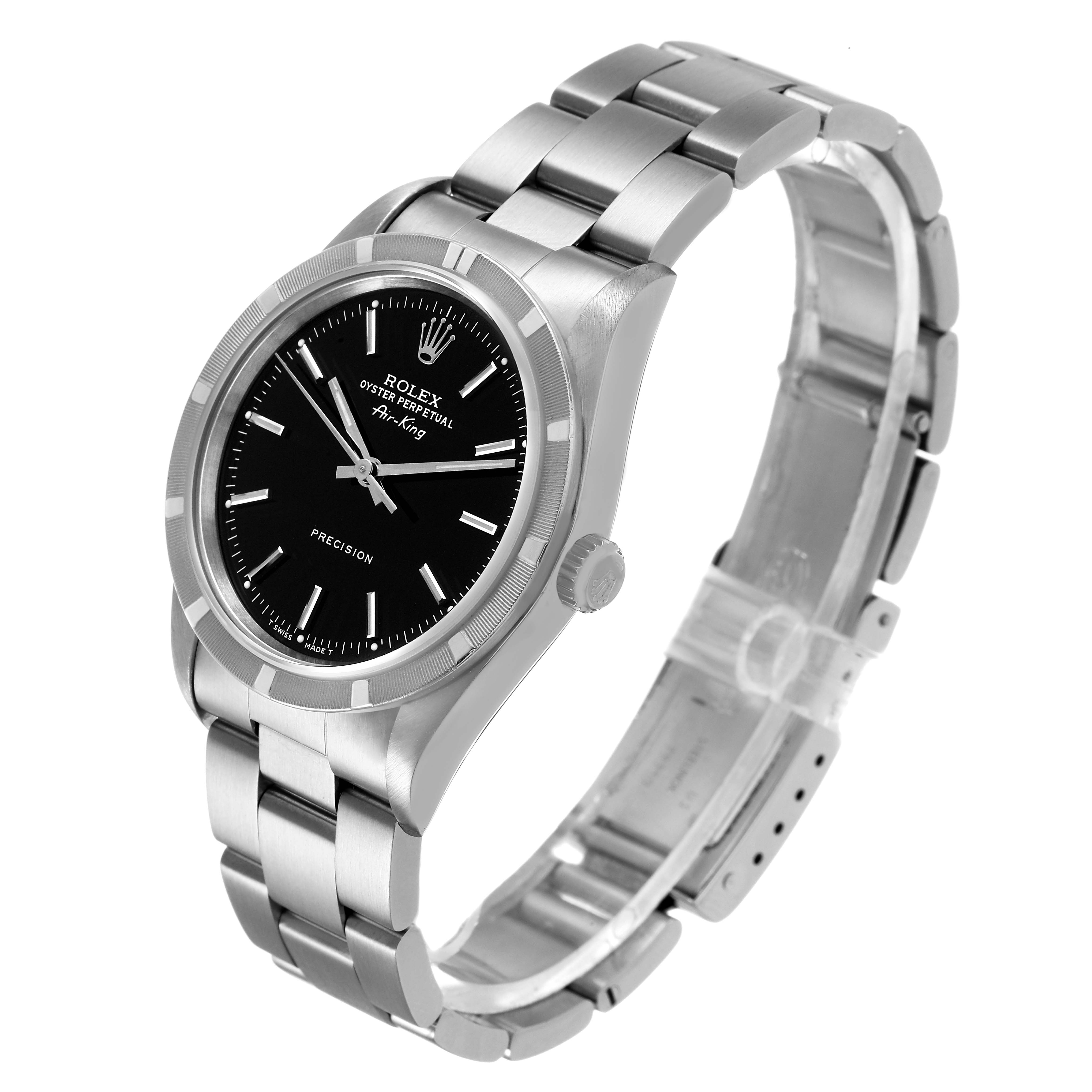 The Rolex Air-King 14010 Men's Stainless Steel Black Dial watch is shown at a three-quarter angle, highlighting the dial, crown, and bracelet.