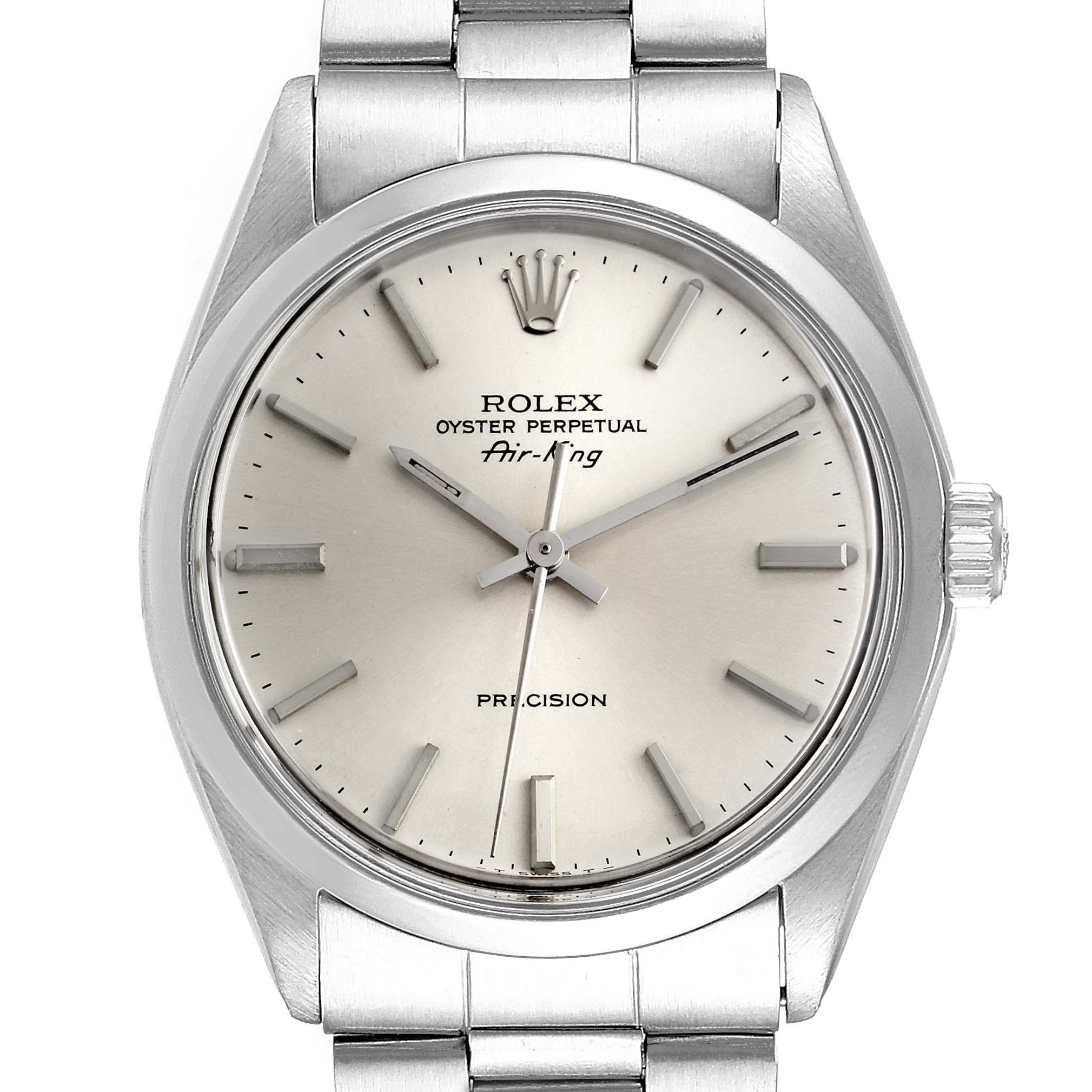 The image shows a front view of the Rolex Vintage Collection 5500 Men's Stainless Steel Silver Dial 5500 Men's Stainless Steel Silver Dial Air-King watch, featuring its dial, crown, and bracelet.