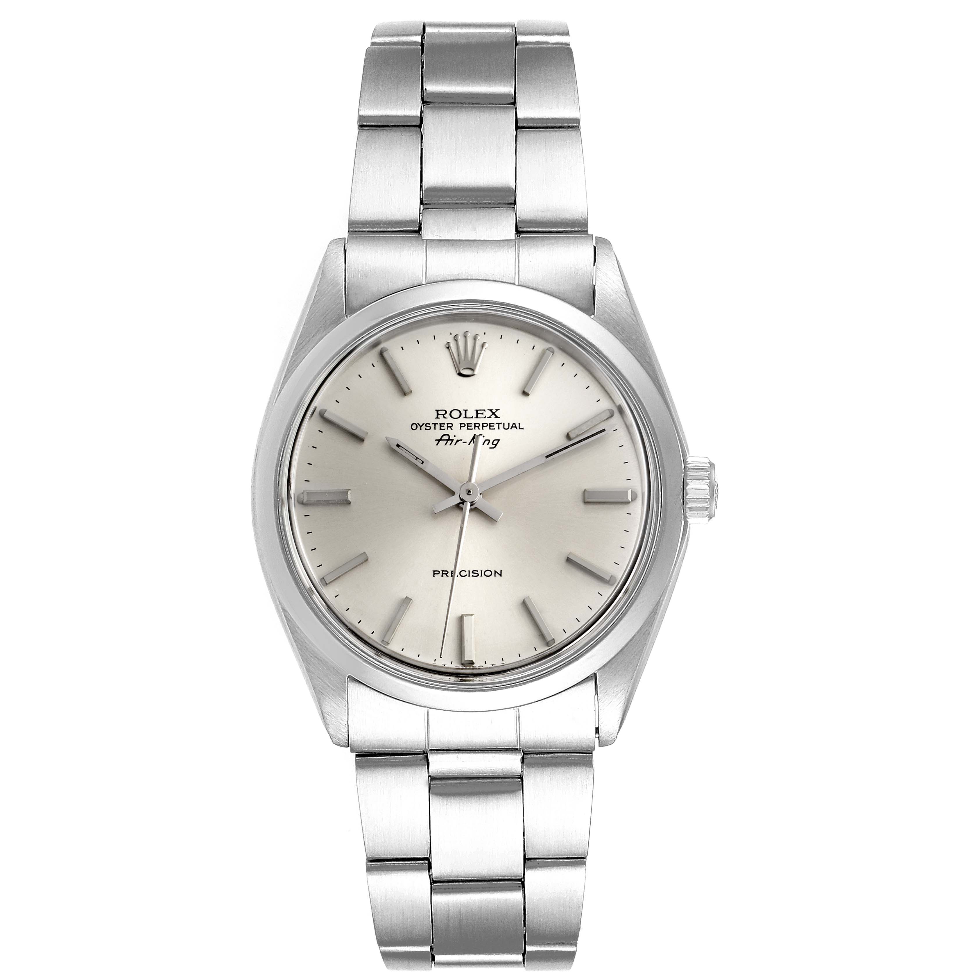 This image shows a front view of the Rolex Vintage Collection 5500 Men's Stainless Steel Silver Dial 5500 Men's Stainless Steel Silver Dial Oyster Perpetual Air-King watch, including the dial, case, and bracelet.