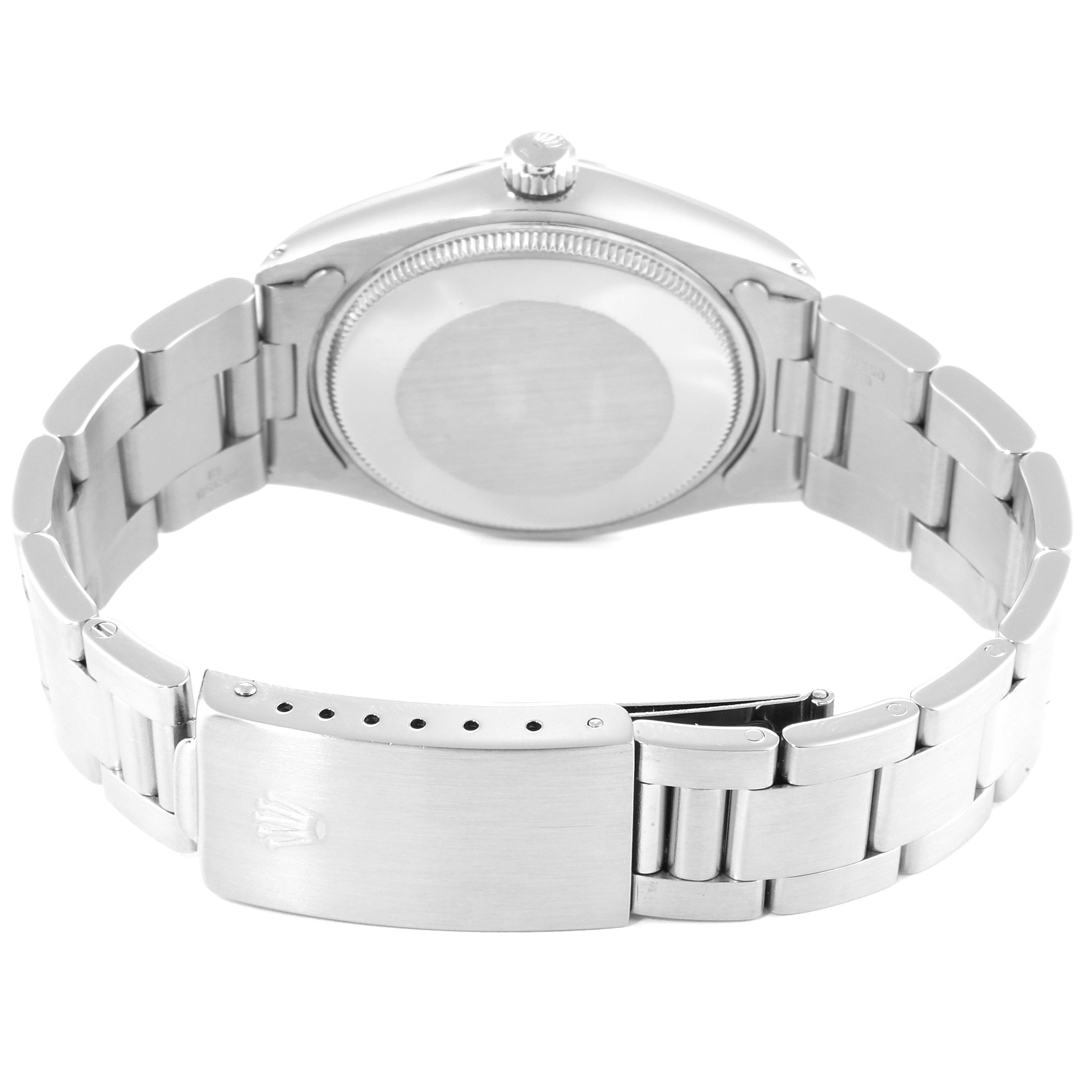 The image shows the back view of the Rolex Vintage Collection 5500 Men's Stainless Steel Silver Dial 5500 Men's Stainless Steel Silver Dial model, focusing on the bracelet, clasp, and case back.