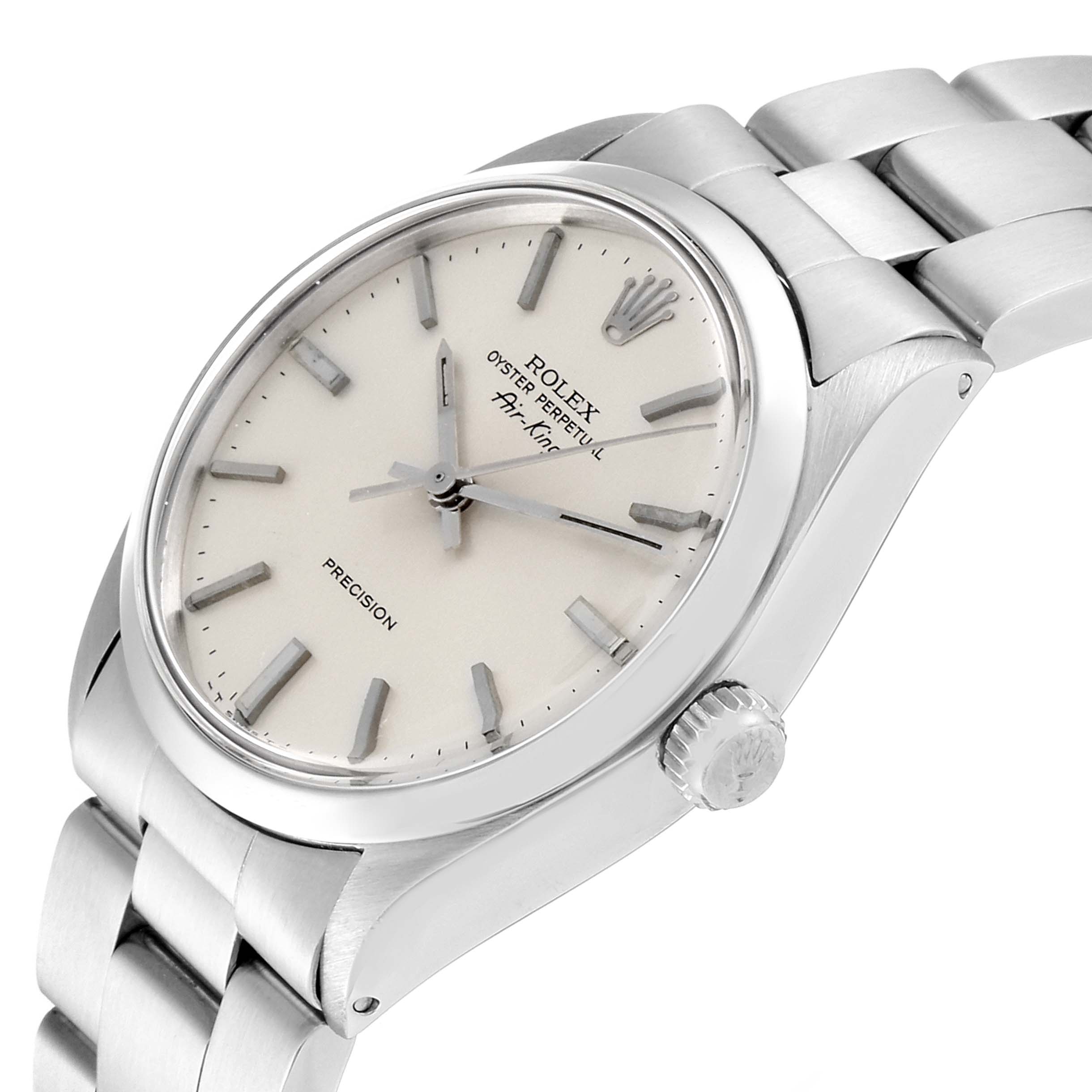 This image shows the dial, crown, and bracelet of a Rolex Vintage Collection 5500 Men's Stainless Steel Silver Dial 5500 Men's Stainless Steel Silver Dial Oyster Perpetual Precision watch at a slightly tilted angle.