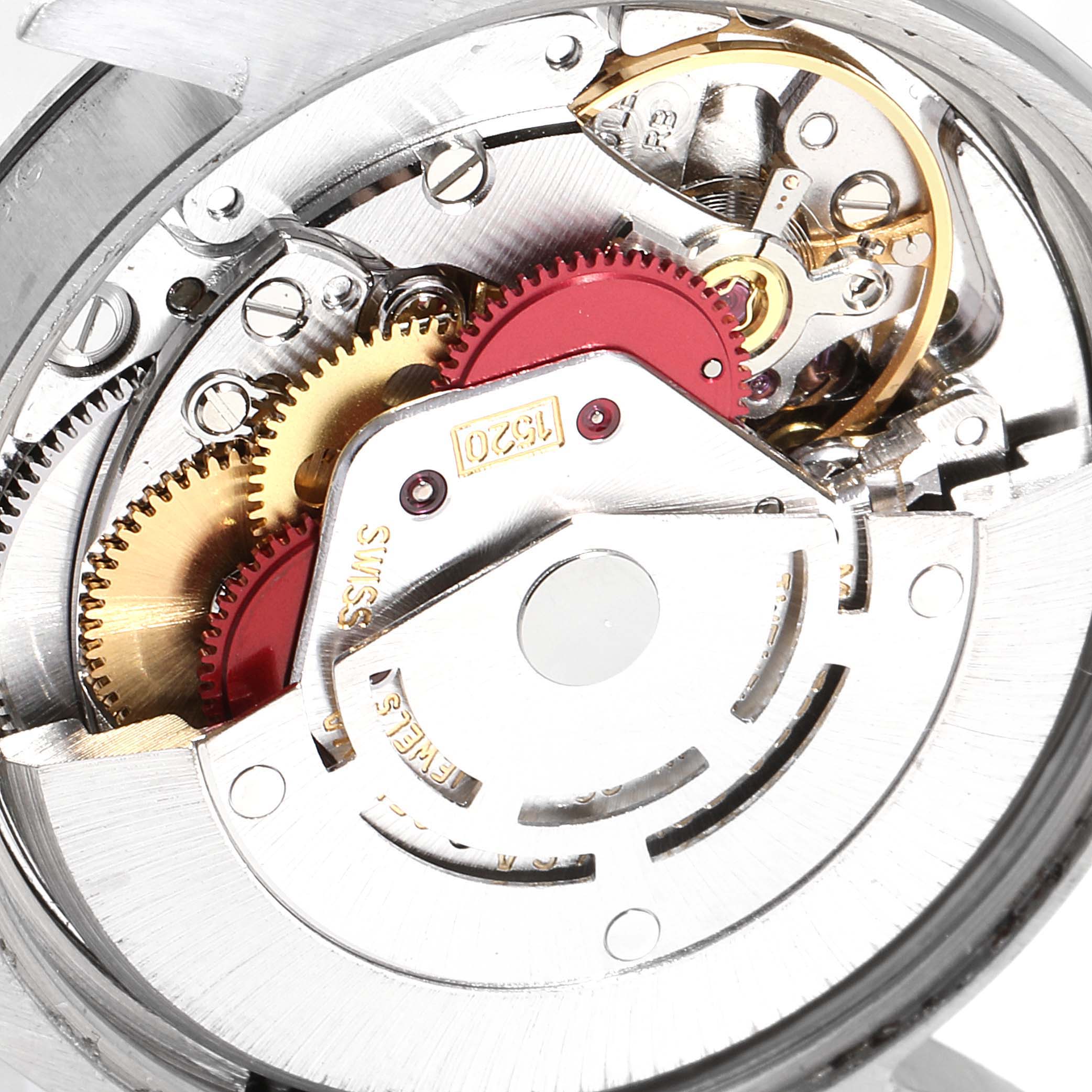 This close-up shot of the Rolex Vintage Collection 5500 Men's Stainless Steel Silver Dial 5500 Men's Stainless Steel Silver Dial model showcases the intricate internal mechanics and gears of the watch.