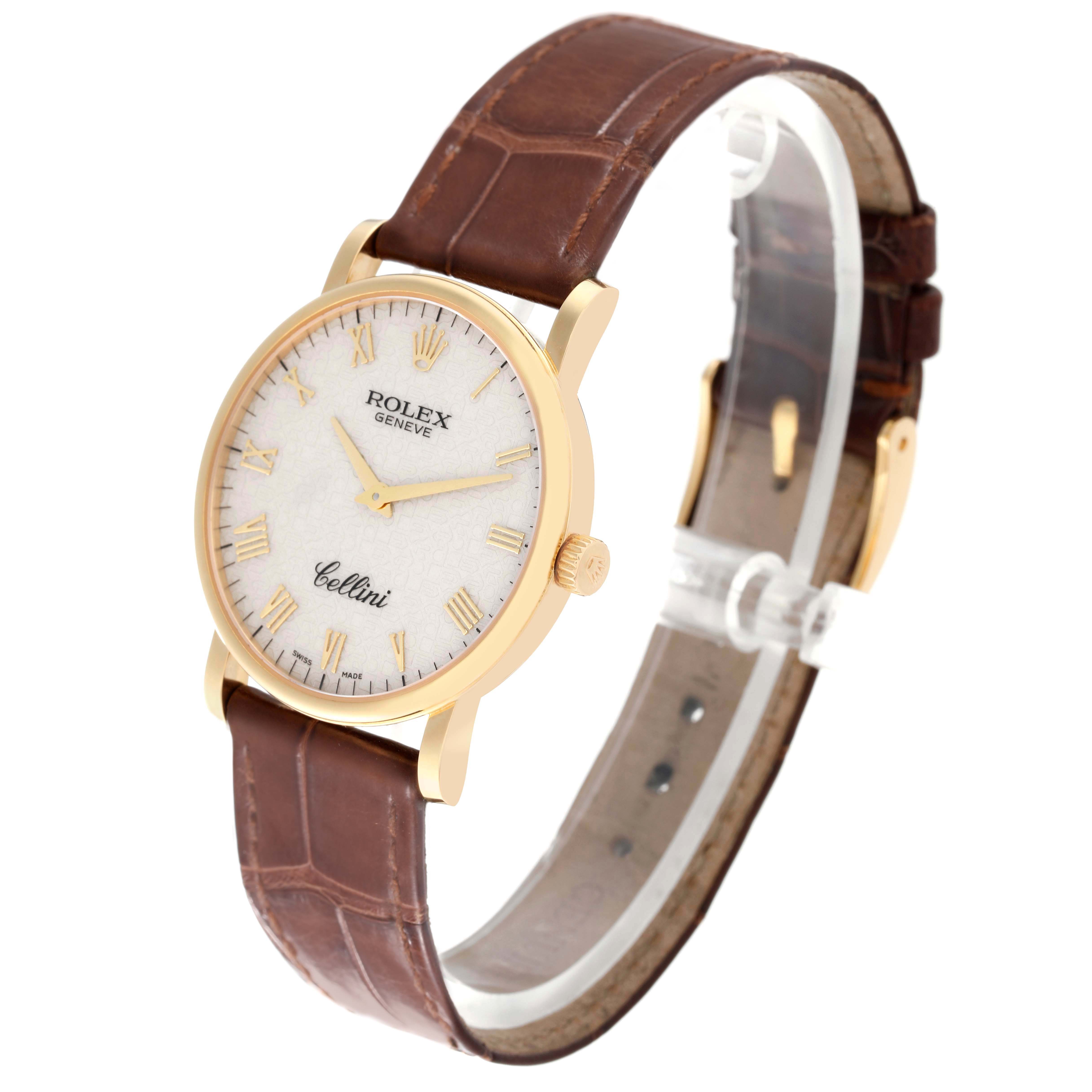 This image shows a Rolex Cellini 5115 Men's Yellow Gold Silver Dial 5115 Men's Yellow Gold Silver Dial watch at a side angle, displaying the face, brown leather strap, and gold casing.