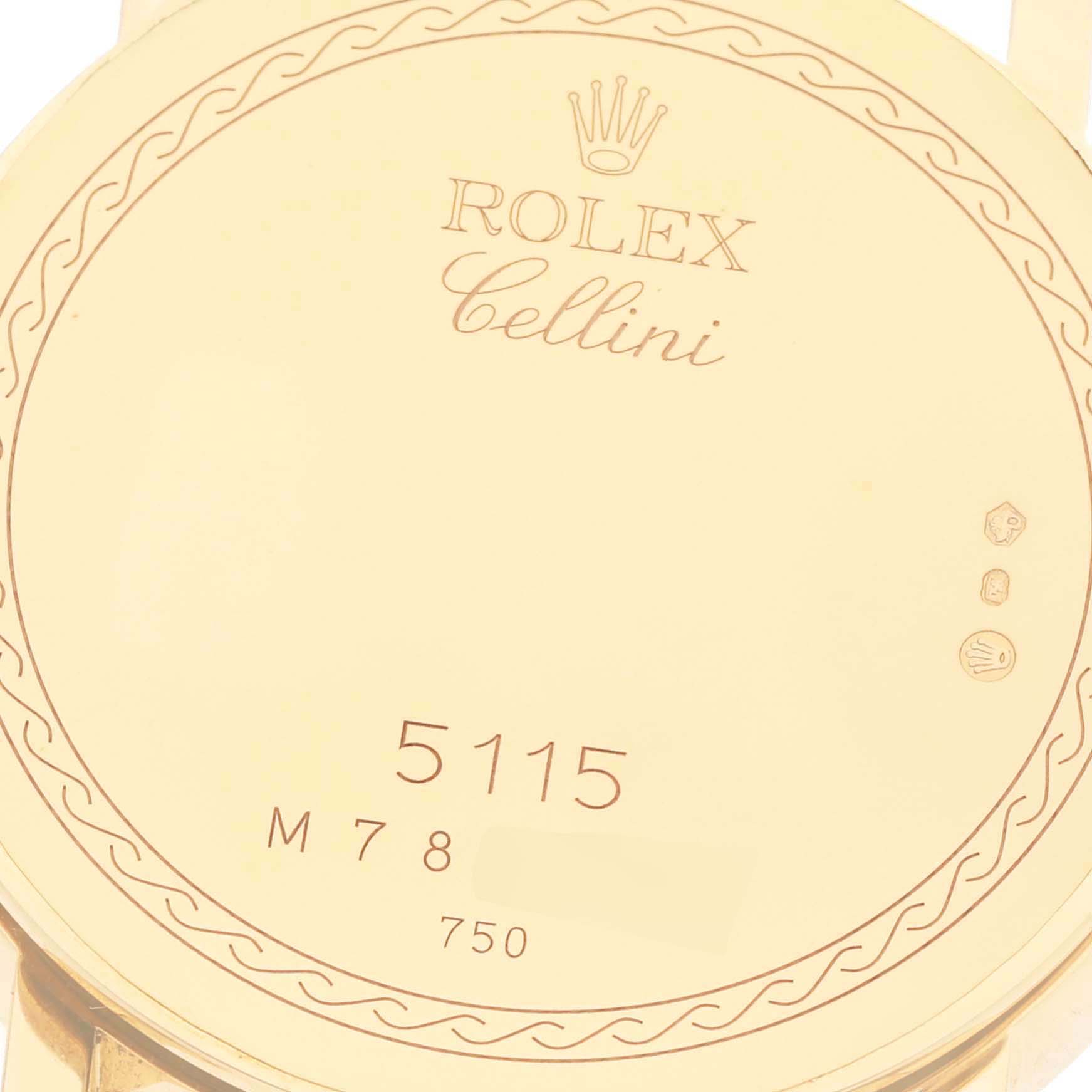 The image shows the back case of a Rolex Cellini 5115 Men's Yellow Gold Silver Dial 5115 Men's Yellow Gold Silver Dial watch, displaying the model number 5115 along with Rolex branding and gold markings.
