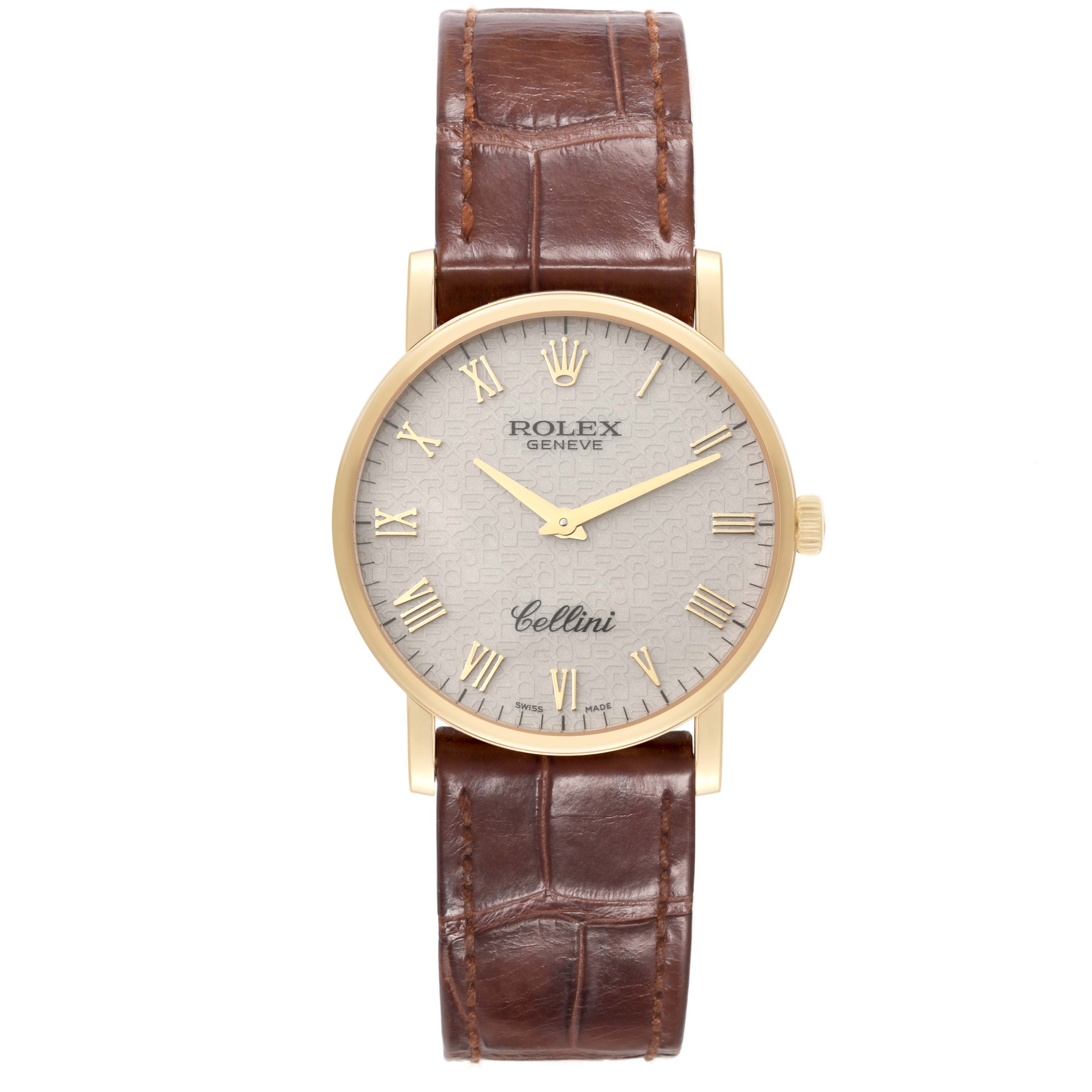 The image shows a Rolex Cellini 5115 Men's Yellow Gold Silver Dial 5115 Men's Yellow Gold Silver Dial watch in a straight-on view, displaying the dial, hands, case, and leather strap.