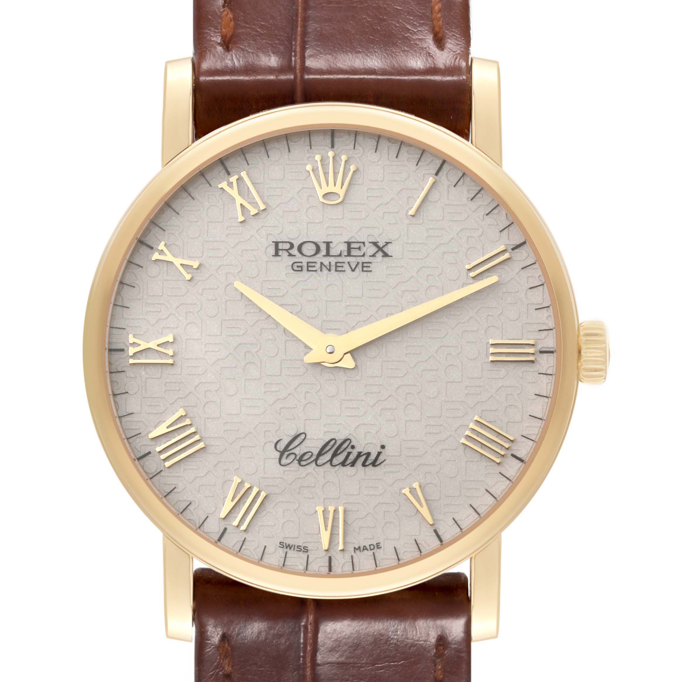 The image shows a frontal view of the Rolex Cellini 5115 Men's Yellow Gold Silver Dial 5115 Men's Yellow Gold Silver Dial watch, showcasing its face, hour markers, and leather strap.