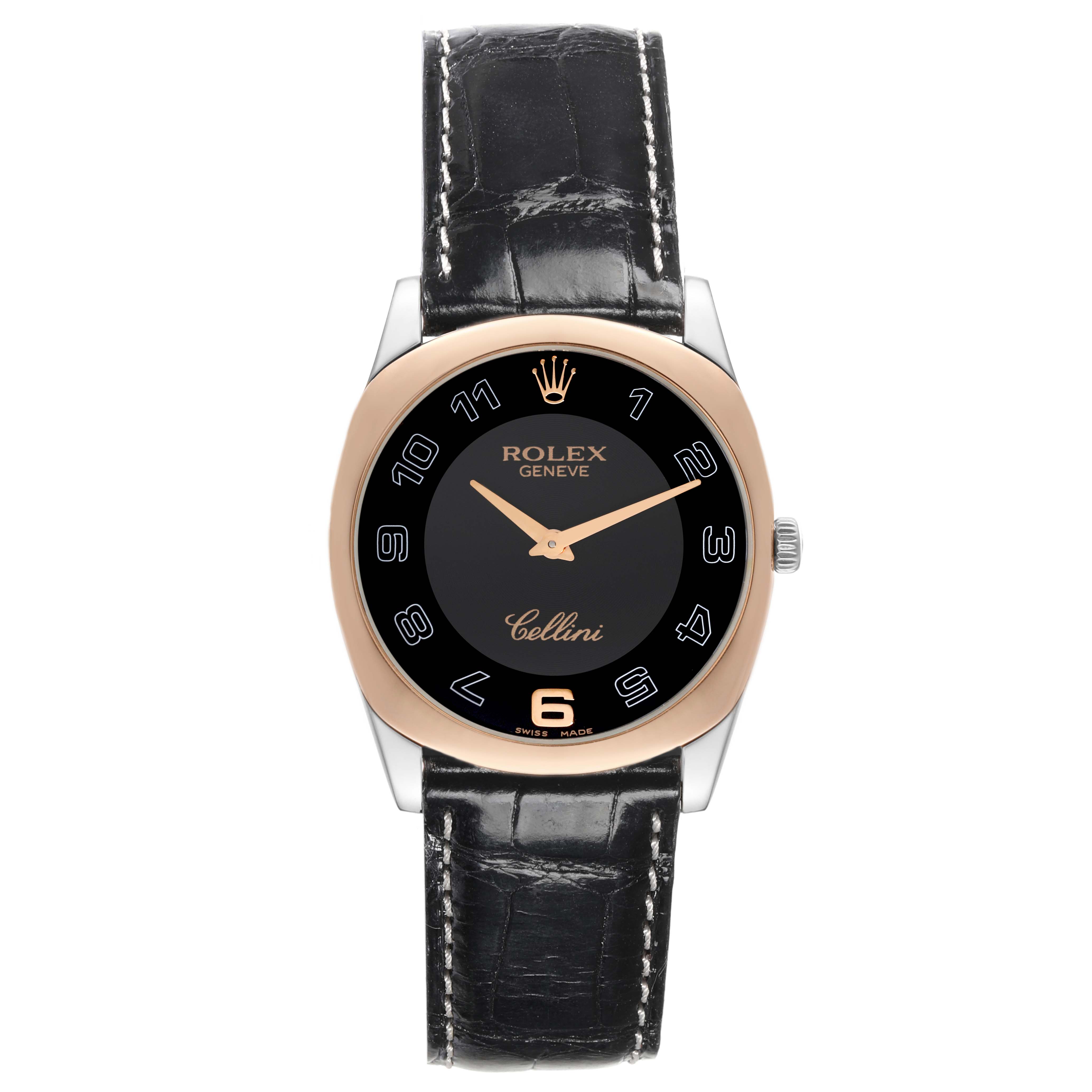 This image shows a front view of the Rolex Cellini 4233 Men's Steel and Gold (two tone) Black Dial 4233 Men's Steel and Gold (two tone) Black Dial watch, highlighting its black dial, leather strap, and rose gold bezel.