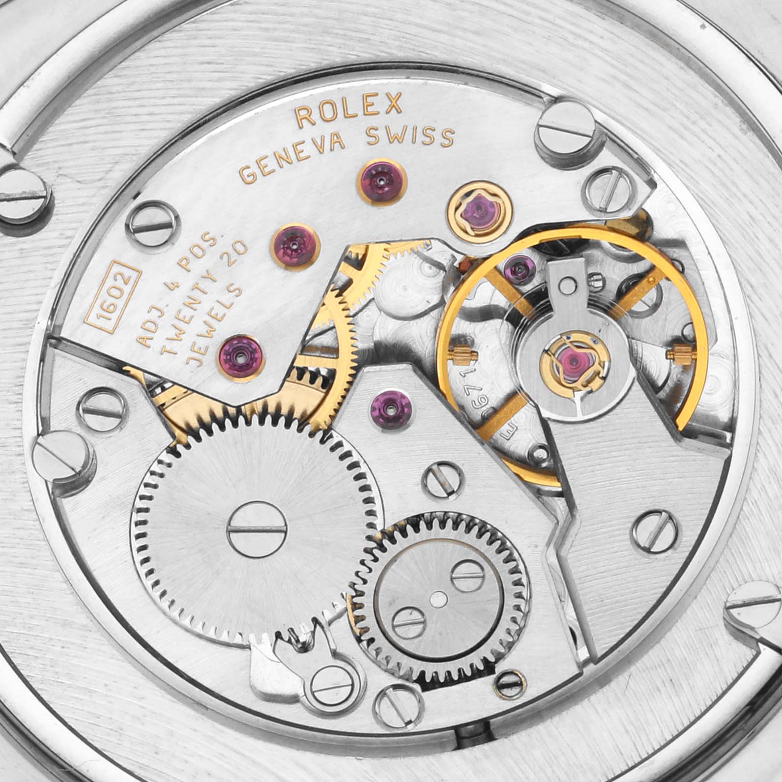 This image shows the intricate movement mechanism of a Rolex Cellini 4233 Men's Steel and Gold (two tone) Black Dial 4233 Men's Steel and Gold (two tone) Black Dial watch viewed from the back.