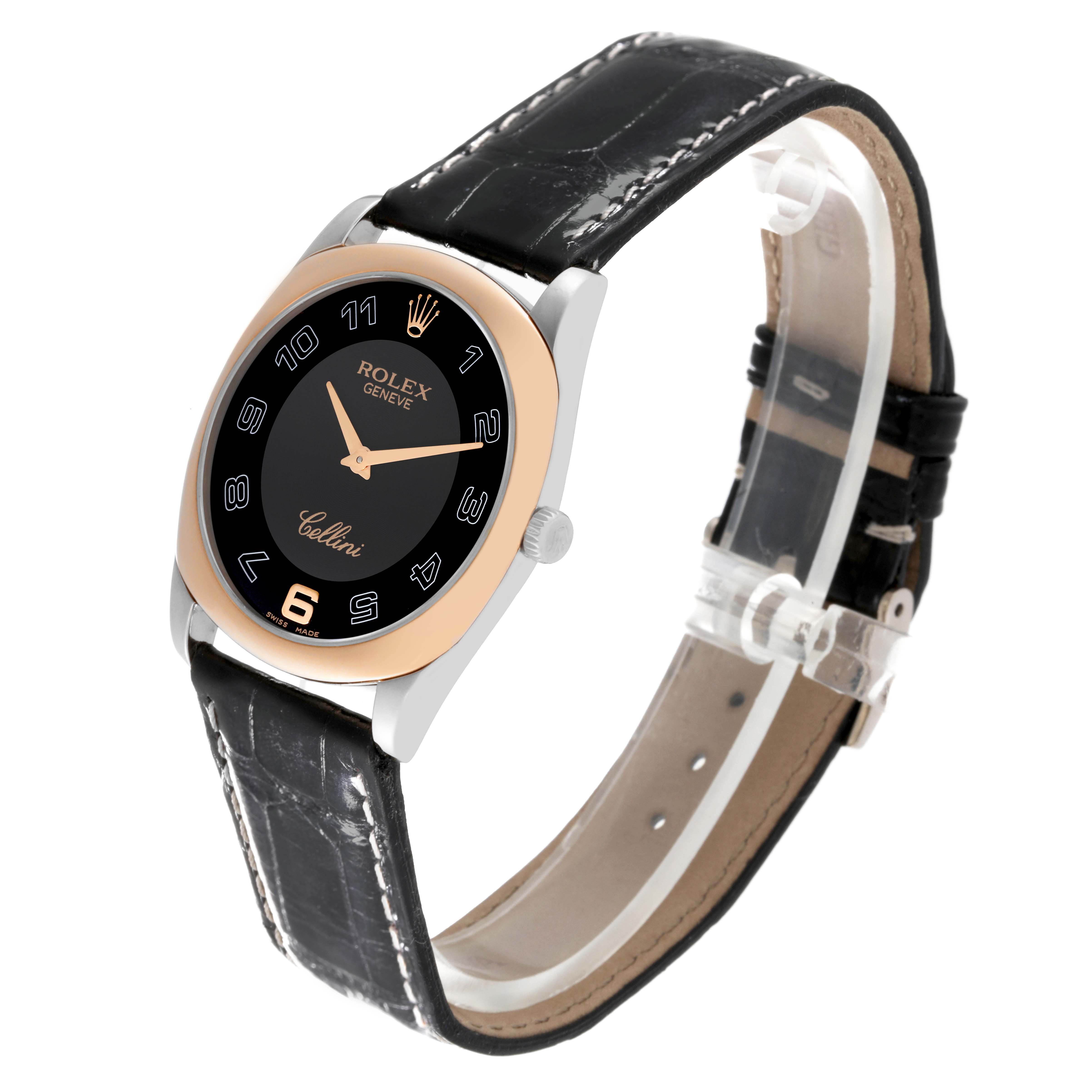 The image shows a Rolex Cellini 4233 Men's Steel and Gold (two tone) Black Dial 4233 Men's Steel and Gold (two tone) Black Dial watch at a three-quarter angle, highlighting its black dial, gold bezel, and leather strap.