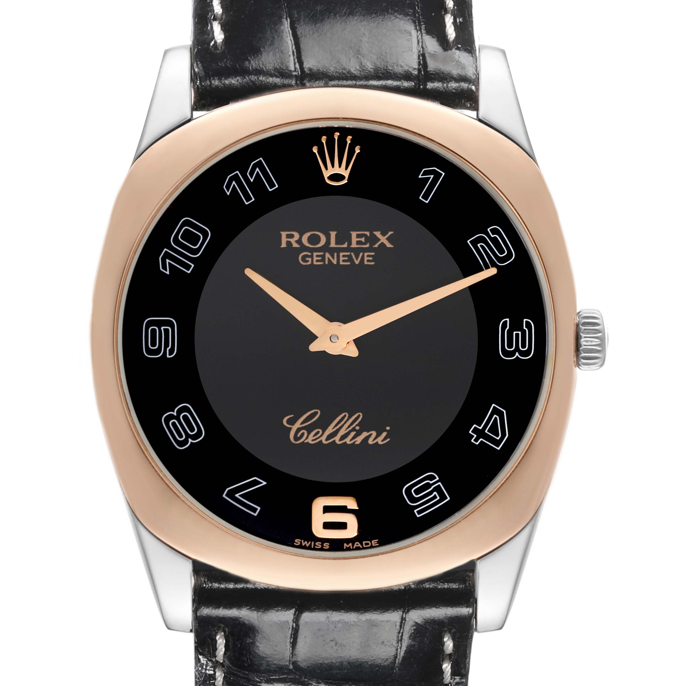 The image shows a front view of the Rolex Cellini 4233 Men's Steel and Gold (two tone) Black Dial 4233 Men's Steel and Gold (two tone) Black Dial watch, highlighting its dial, hands, crown, and leather strap.