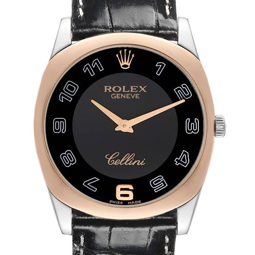 The image shows a frontal view of a Rolex Cellini watch, highlighting the dial, hands, crown, and leather strap.