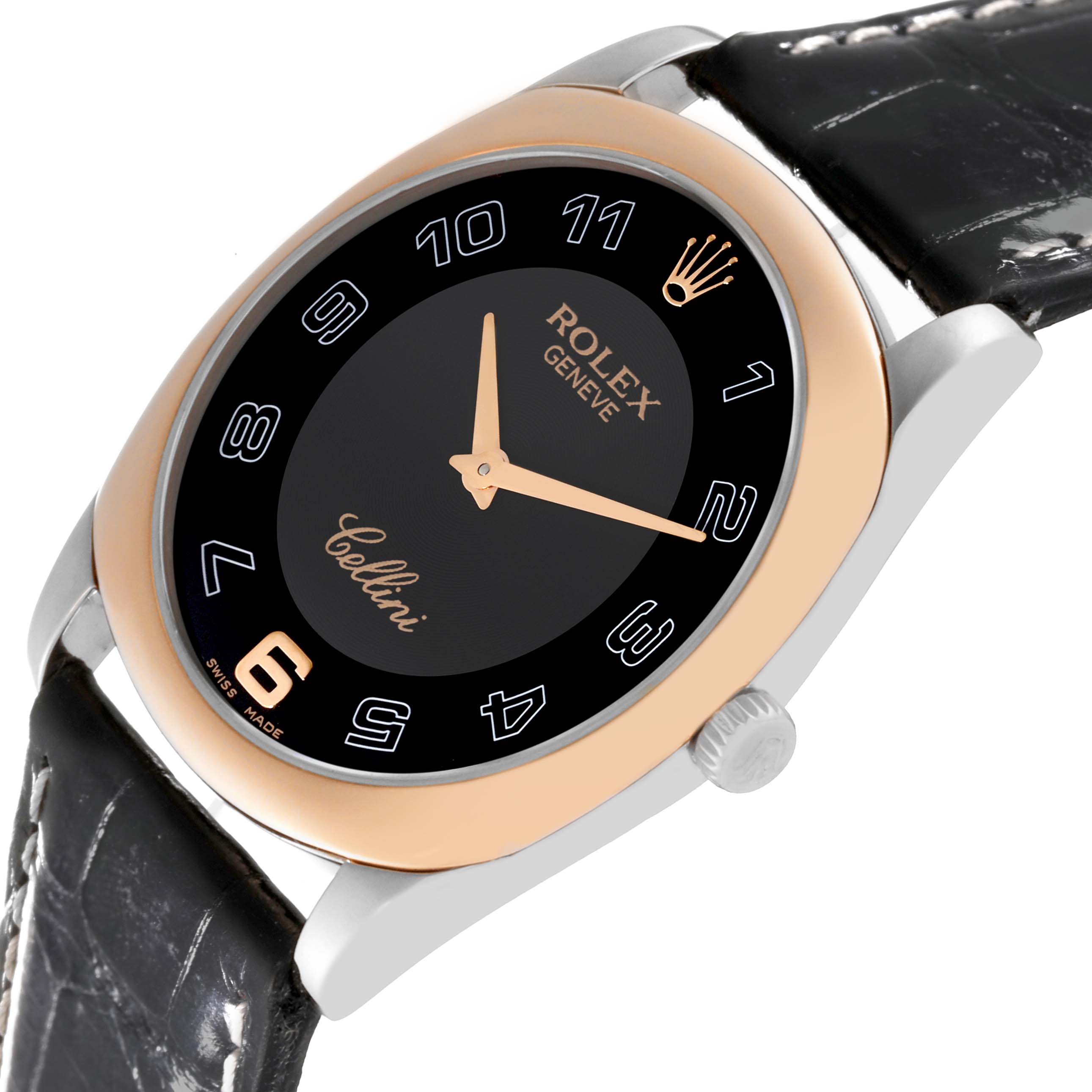 The image shows a Rolex Cellini 4233 Men's Steel and Gold (two tone) Black Dial 4233 Men's Steel and Gold (two tone) Black Dial watch at a slight angle, highlighting the dial, hands, crown, and strap connection.