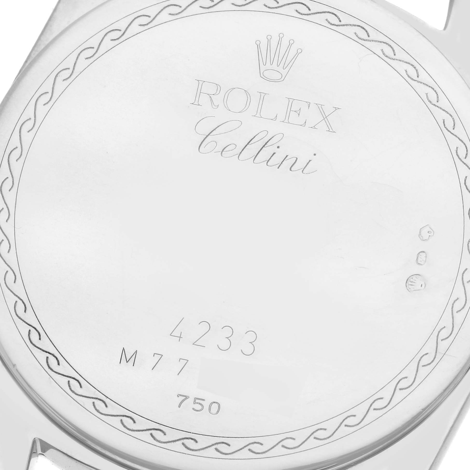 This image shows the back case of a Rolex Cellini 4233 Men's Steel and Gold (two tone) Black Dial 4233 Men's Steel and Gold (two tone) Black Dial watch, displaying the brand, model name, and some numerical engravings.