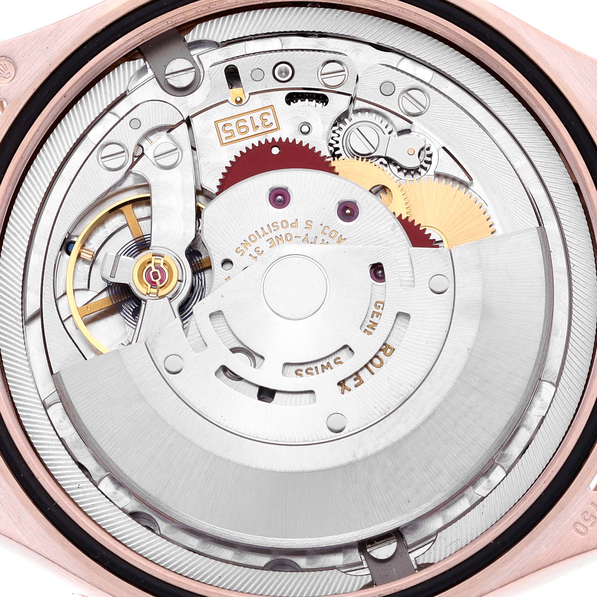 The image shows the inner mechanical movement of a Rolex Cellini 50535 Men's Rose Gold White Dial 50535 Men's Rose Gold White Dial model watch, viewed from the back with the case removed.