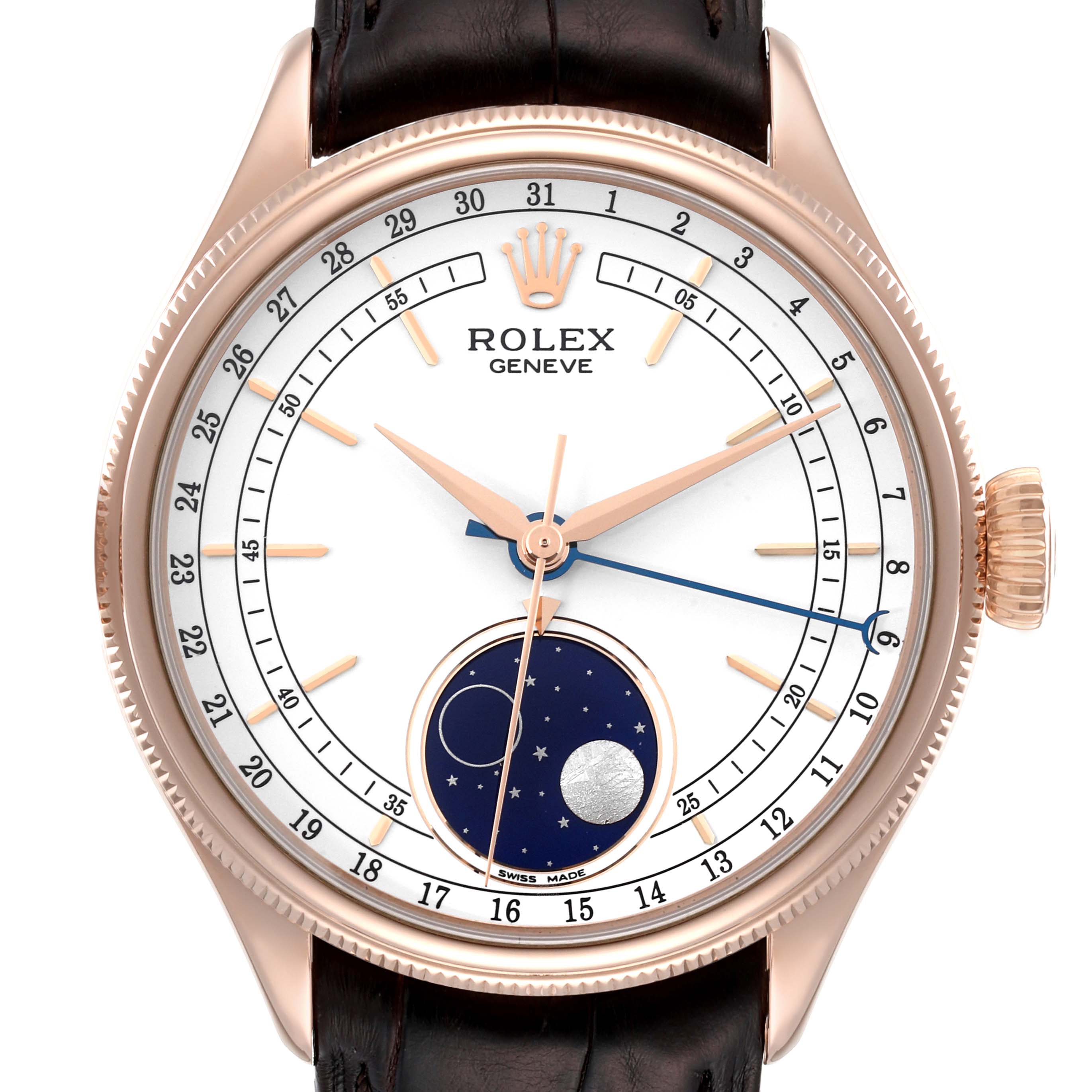 This image shows a Rolex Cellini 50535 Men's Rose Gold White Dial 50535 Men's Rose Gold White Dial watch from a front angle, highlighting its dial, hands, crown, moonphase indicator, and leather strap.