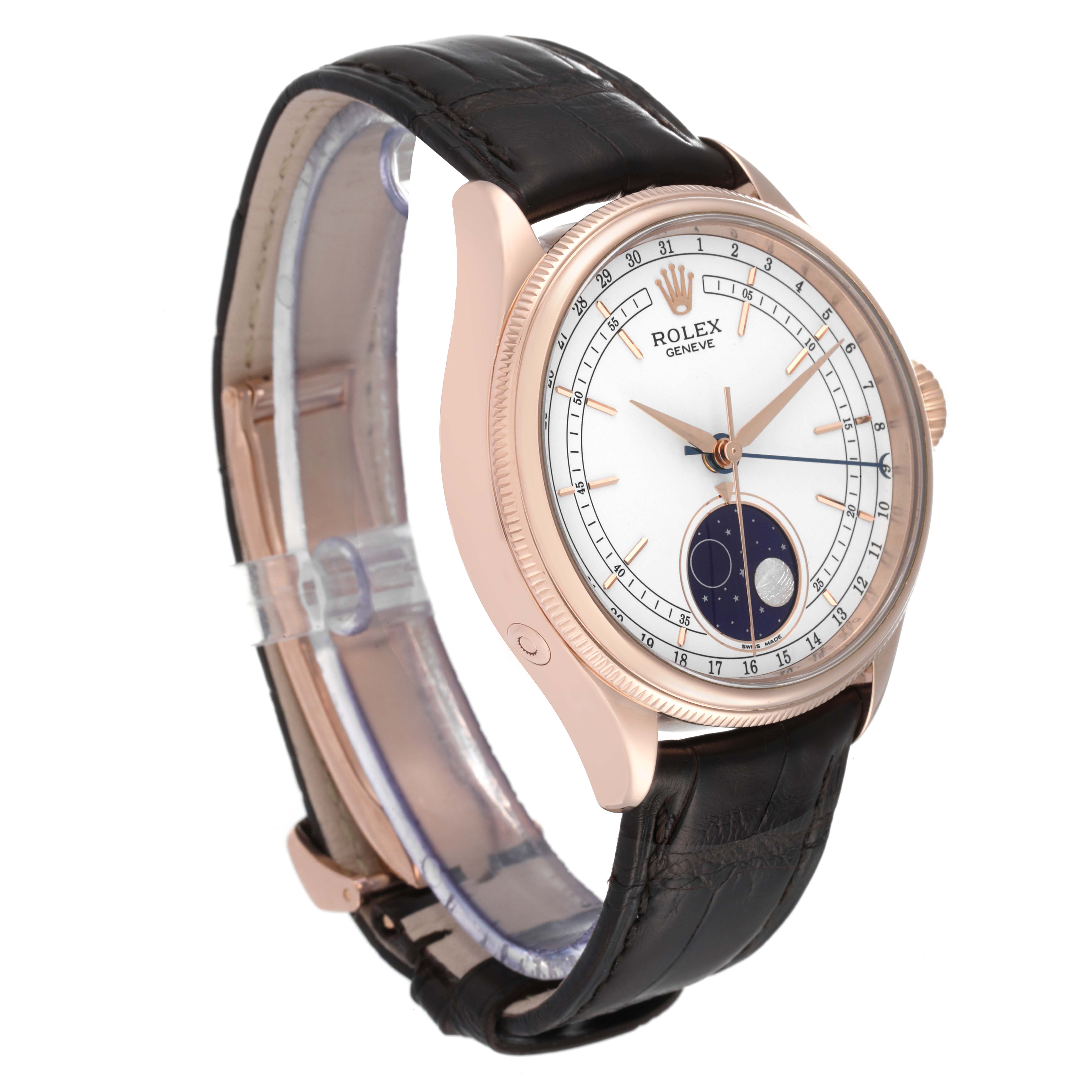 This image shows a Rolex Cellini 50535 Men's Rose Gold White Dial 50535 Men's Rose Gold White Dial model watch at a side angle, displaying its face, case, leather strap, and part of the crown.