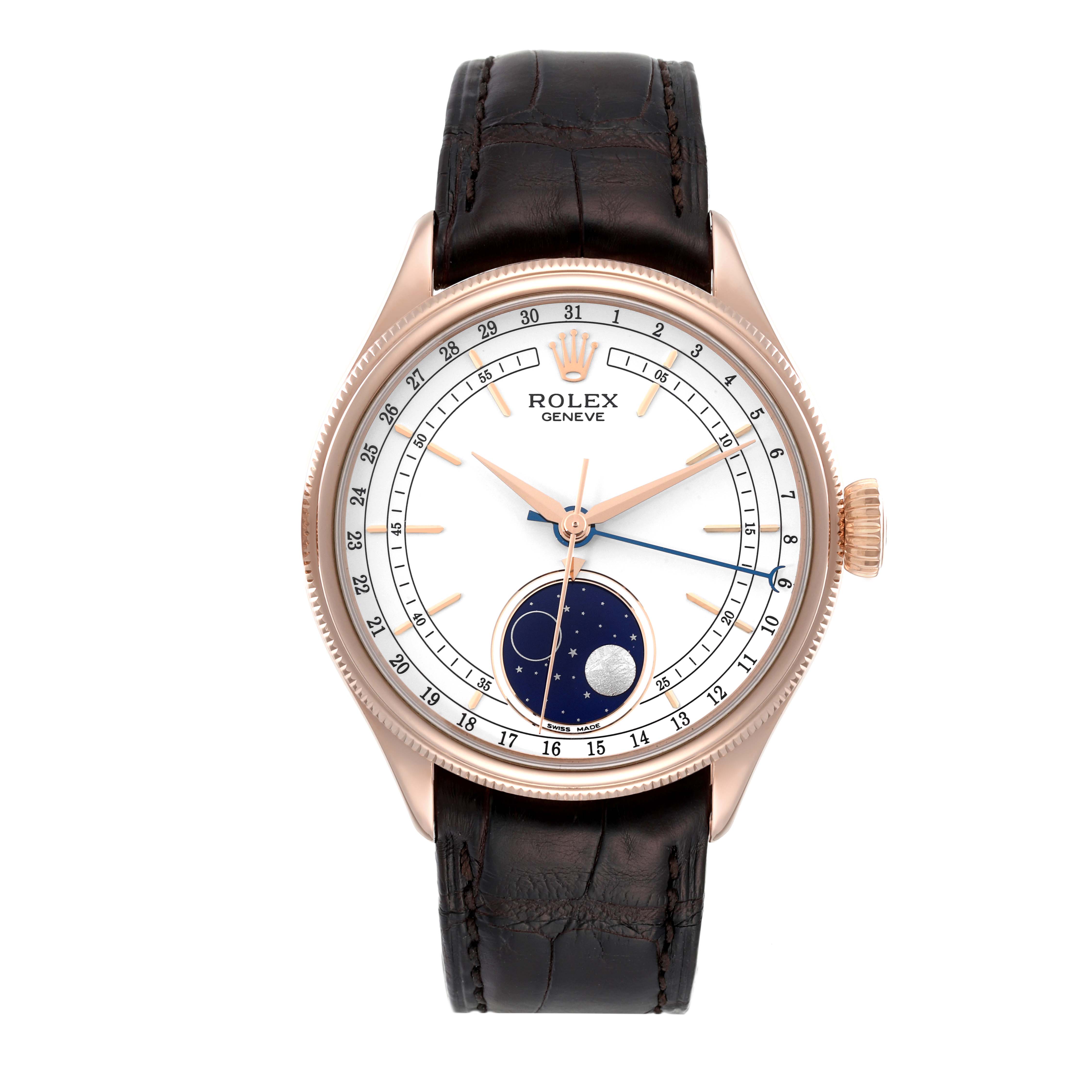 The image shows the front view of a Rolex Cellini 50535 Men's Rose Gold White Dial 50535 Men's Rose Gold White Dial watch, highlighting its dial, moonphase display, and brown leather strap.