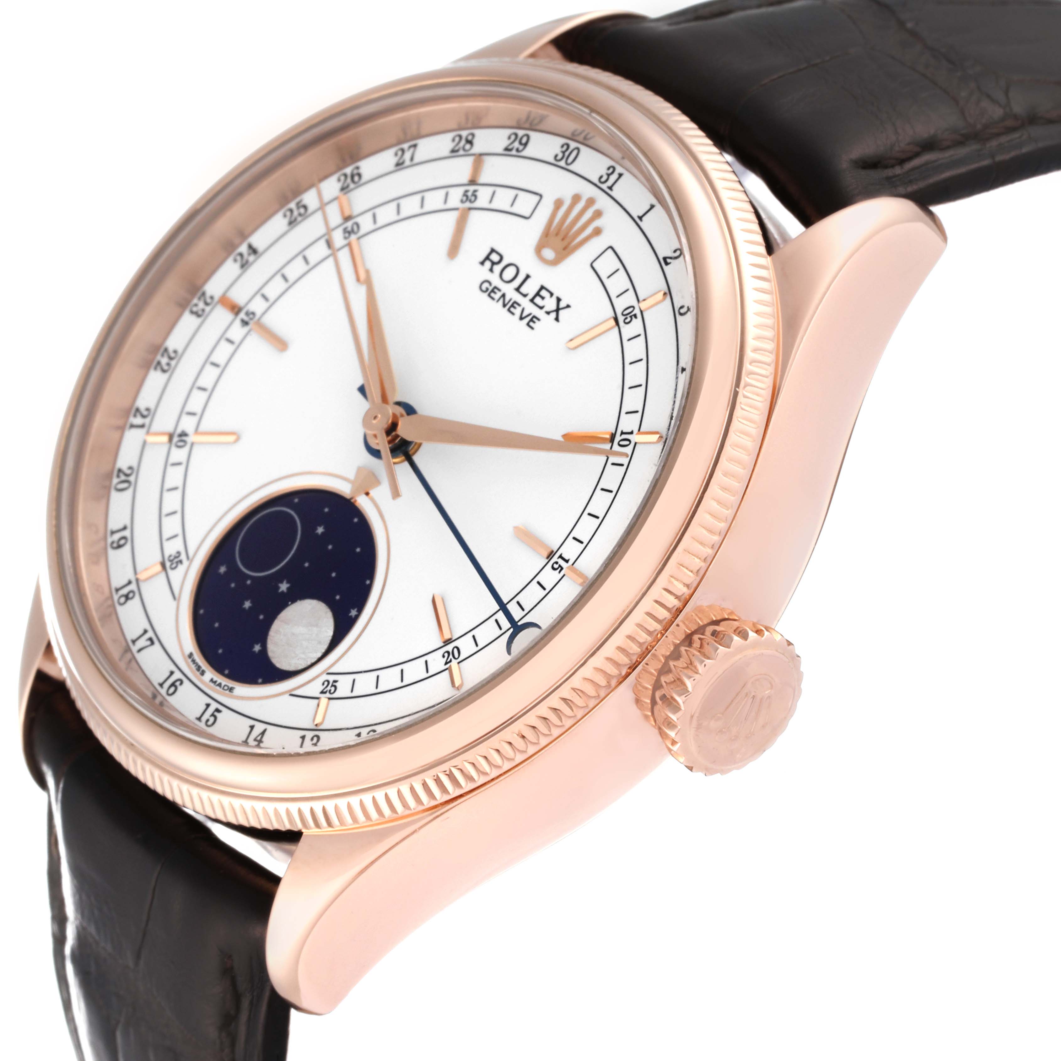 The image shows a side angle of the Rolex Cellini 50535 Men's Rose Gold White Dial 50535 Men's Rose Gold White Dial watch, highlighting its face, bezel, crown, and part of the strap.