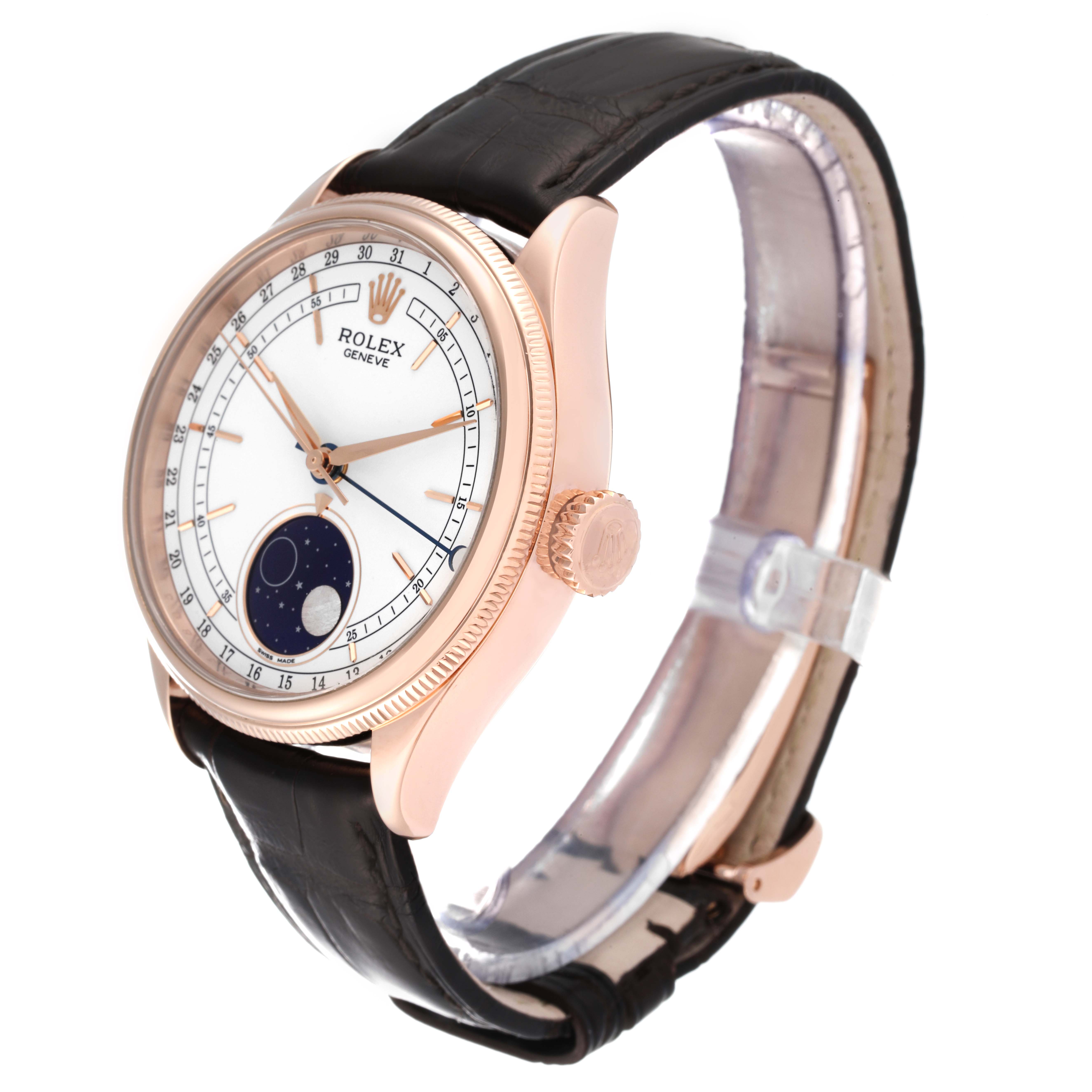 The image shows a side and front view of the Rolex Cellini 50535 Men's Rose Gold White Dial 50535 Men's Rose Gold White Dial watch, highlighting its dial, crown, case, and leather strap.