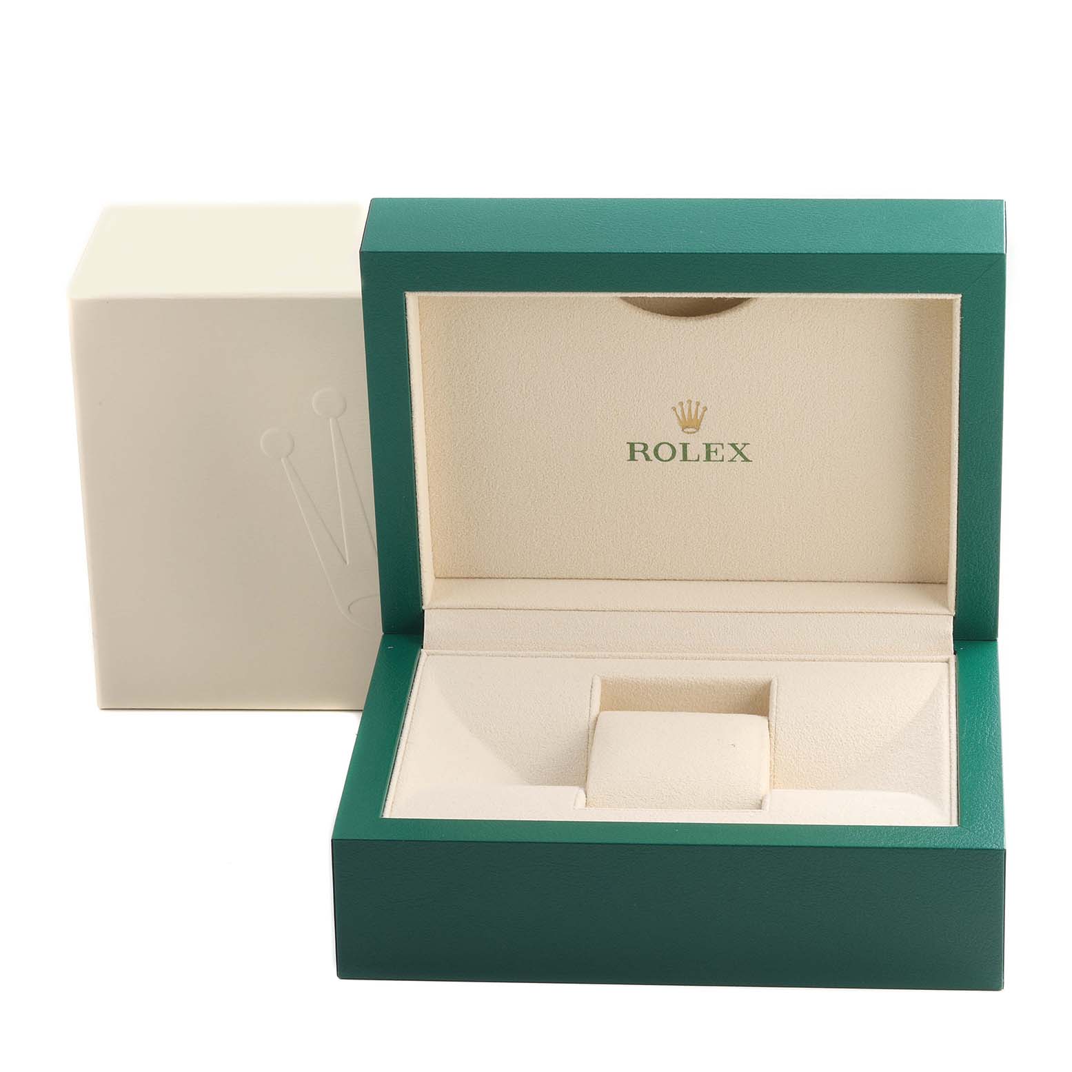 This image shows an open green Rolex Cellini 50535 Men's Rose Gold White Dial 50535 Men's Rose Gold White Dial watch box with its beige interior padding visible.